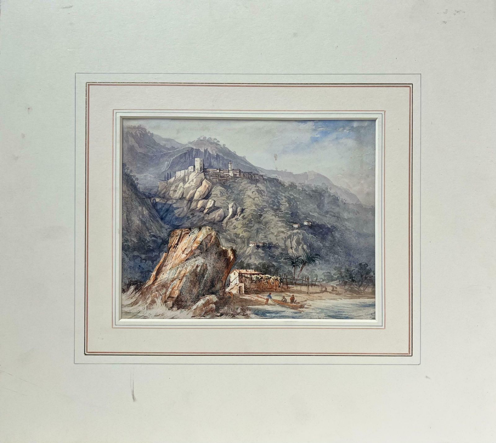 William Pagea Cliffside Town With Fisherman In The Bay Below Antique Watercolor Landscape photo furniture