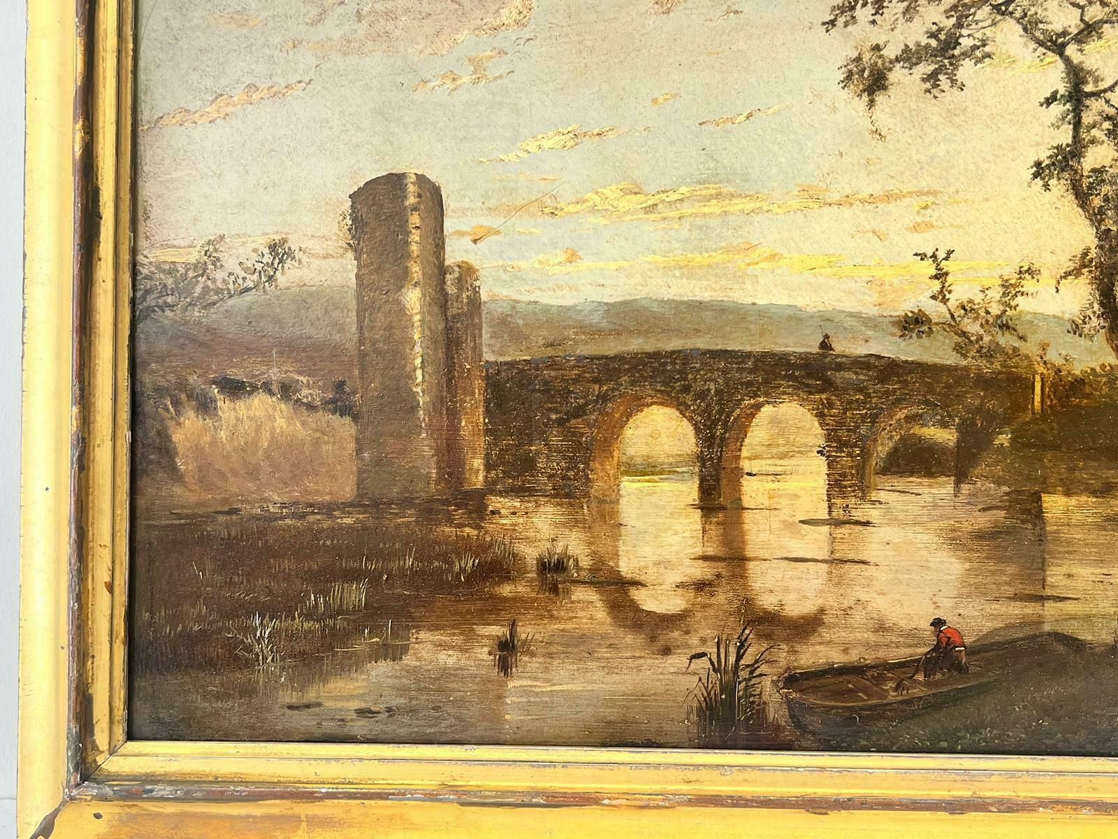 19th Century Dutch Schooldutch Golden Age Romantic Landscape Sunset Figures By River & Arch Bridge Oil photo for sale