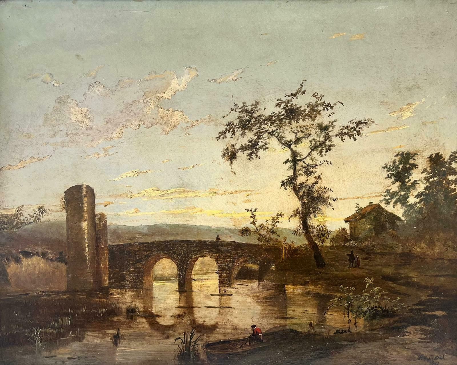 19th Century Dutch Schooldutch Golden Age Romantic Landscape Sunset Figures By River & Arch Bridge Oil photo Art