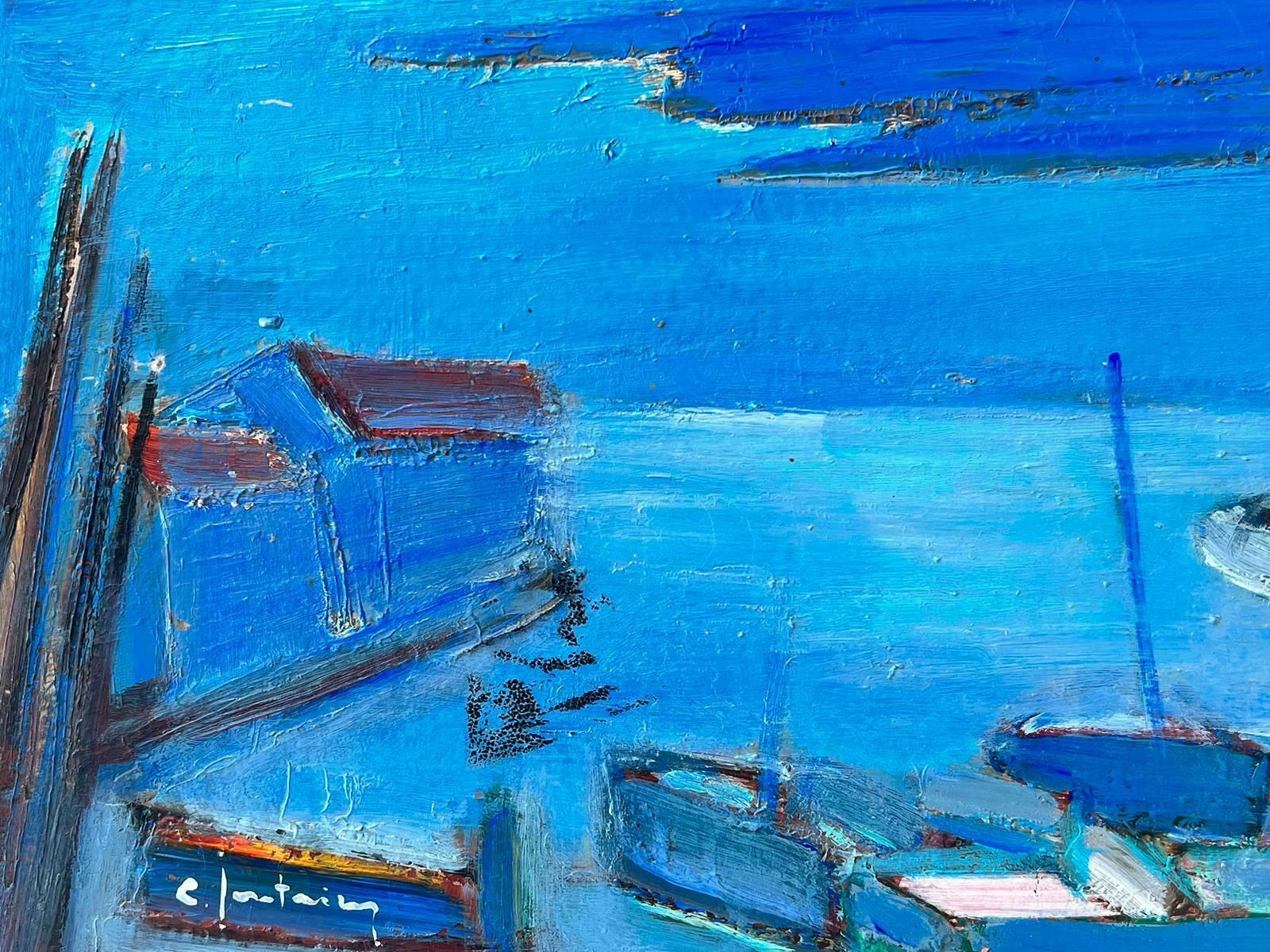 French School1950's French Modernist Signed Oil On Canvas Boats In A Blue Harbor Coastal View photo Art