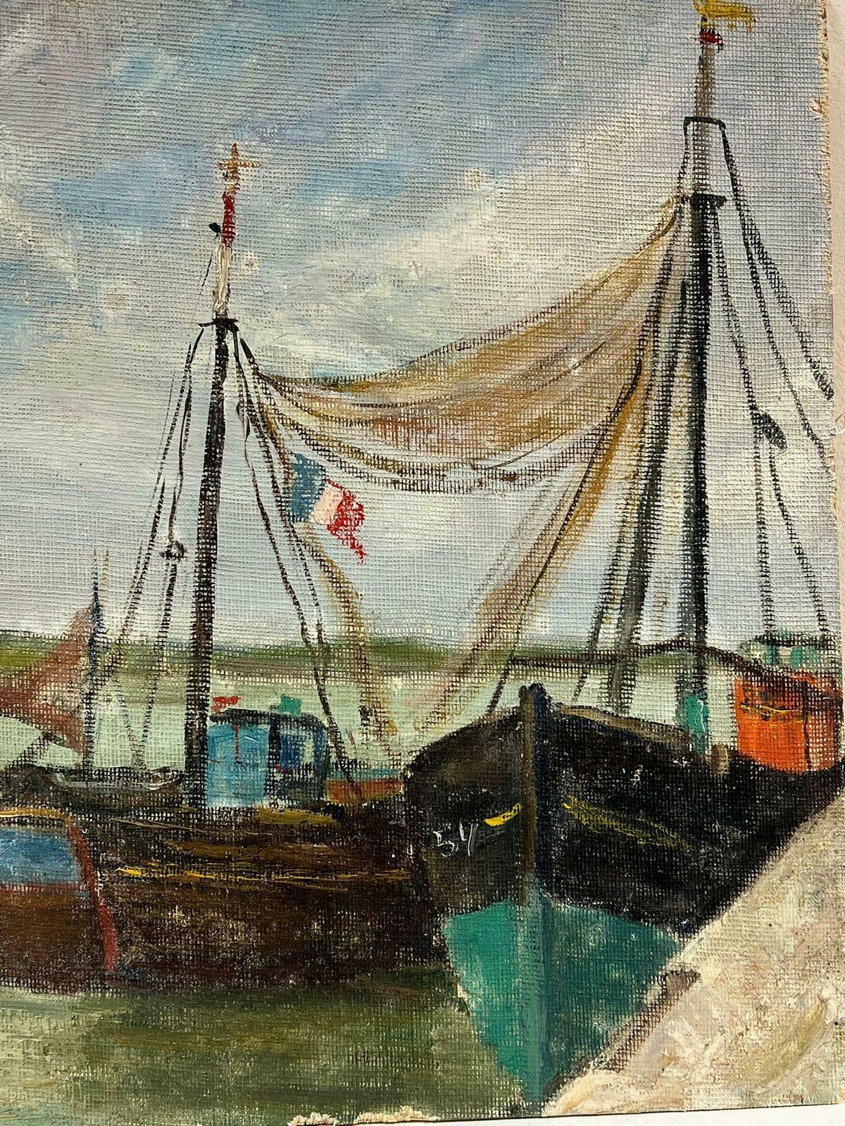 Simone Forgemid Century French Impressionist Docked Boats With French Flag At The Harbour 19th Century photo vinterior