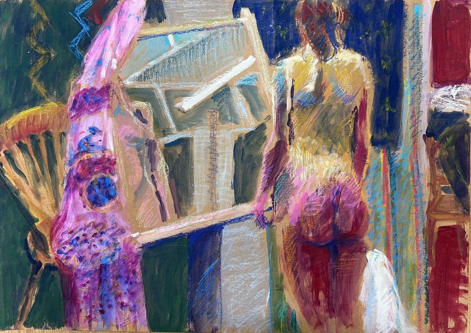 Helen Greenfieldnude Lady Standing In Room Furniture Modern British Slightly Abstract Painting