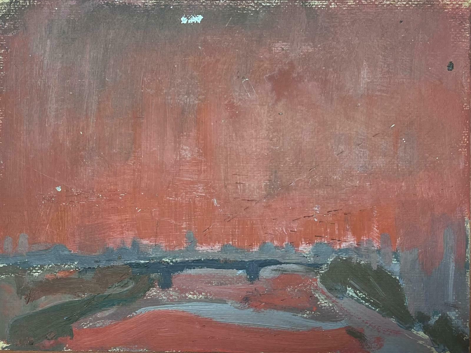 Elisabeth Hahn20th Century German Modernist Oil Painting Grey Bridge Red Sky Scape20th Century