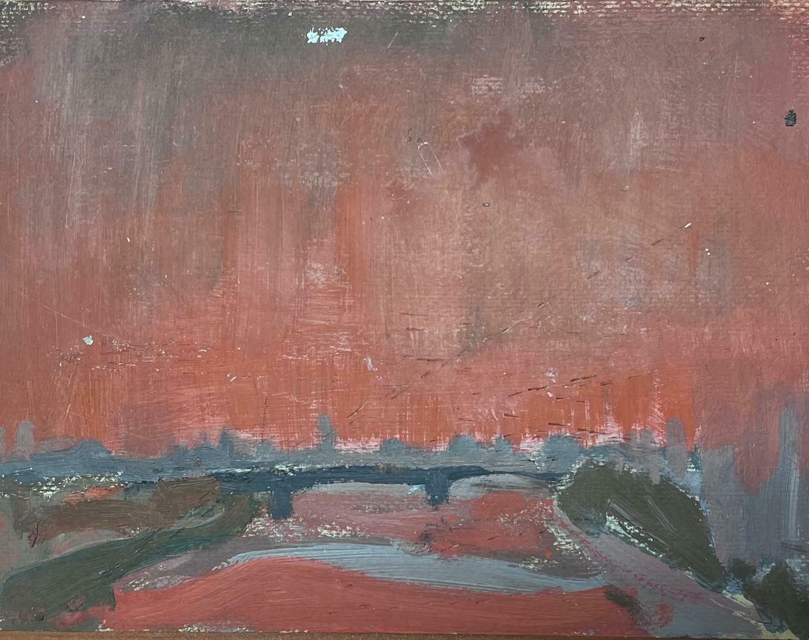 Elisabeth Hahn20th Century German Modernist Oil Painting Grey Bridge Red Sky Scape20th Century photo for sale