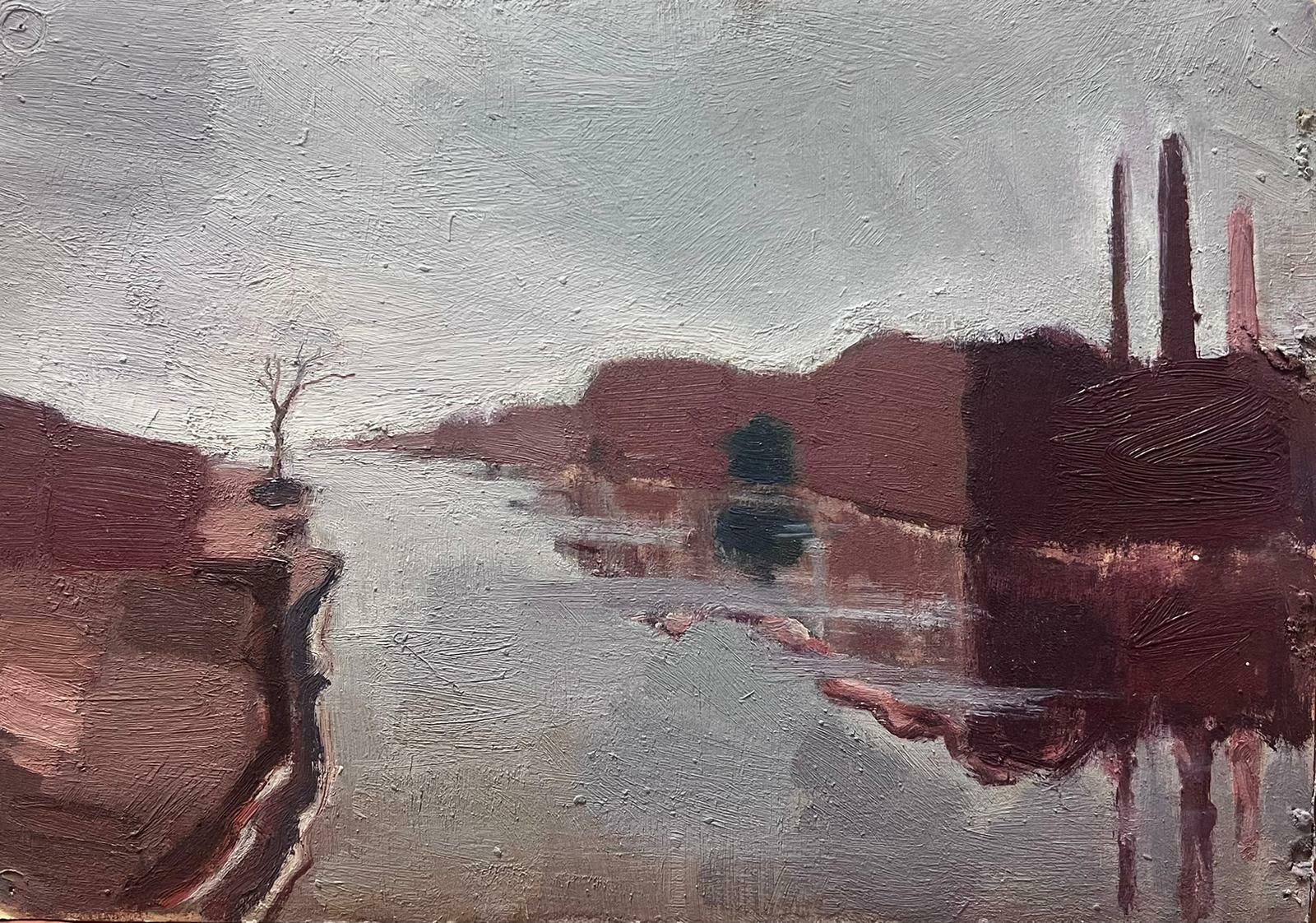 Elisabeth Hahn20th Century German Modernist Oil Painting Red Power Station Along Grey River20th Century