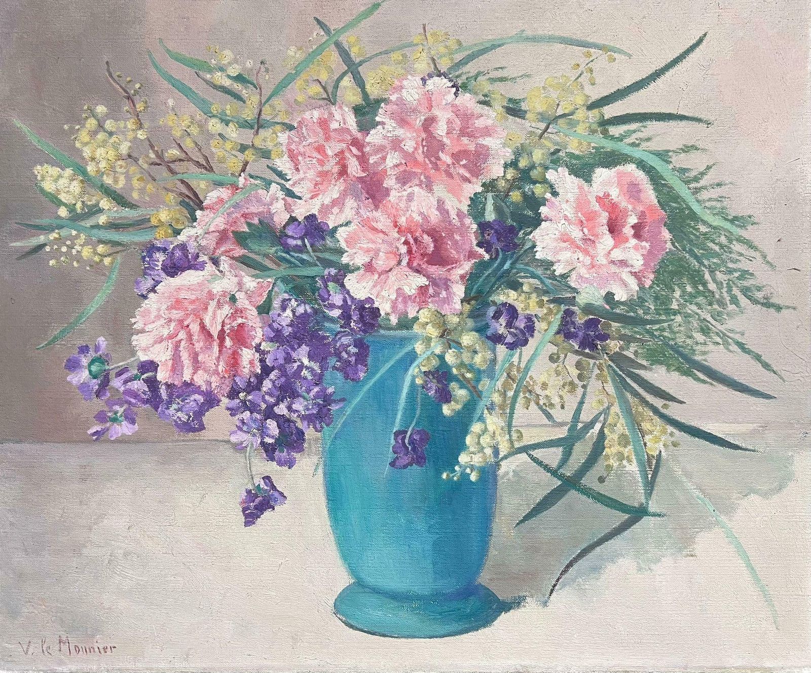 French Mid Century Pink Flowers In Blue Turquoise Vase Signed 1950's Oil On Canvas1950's