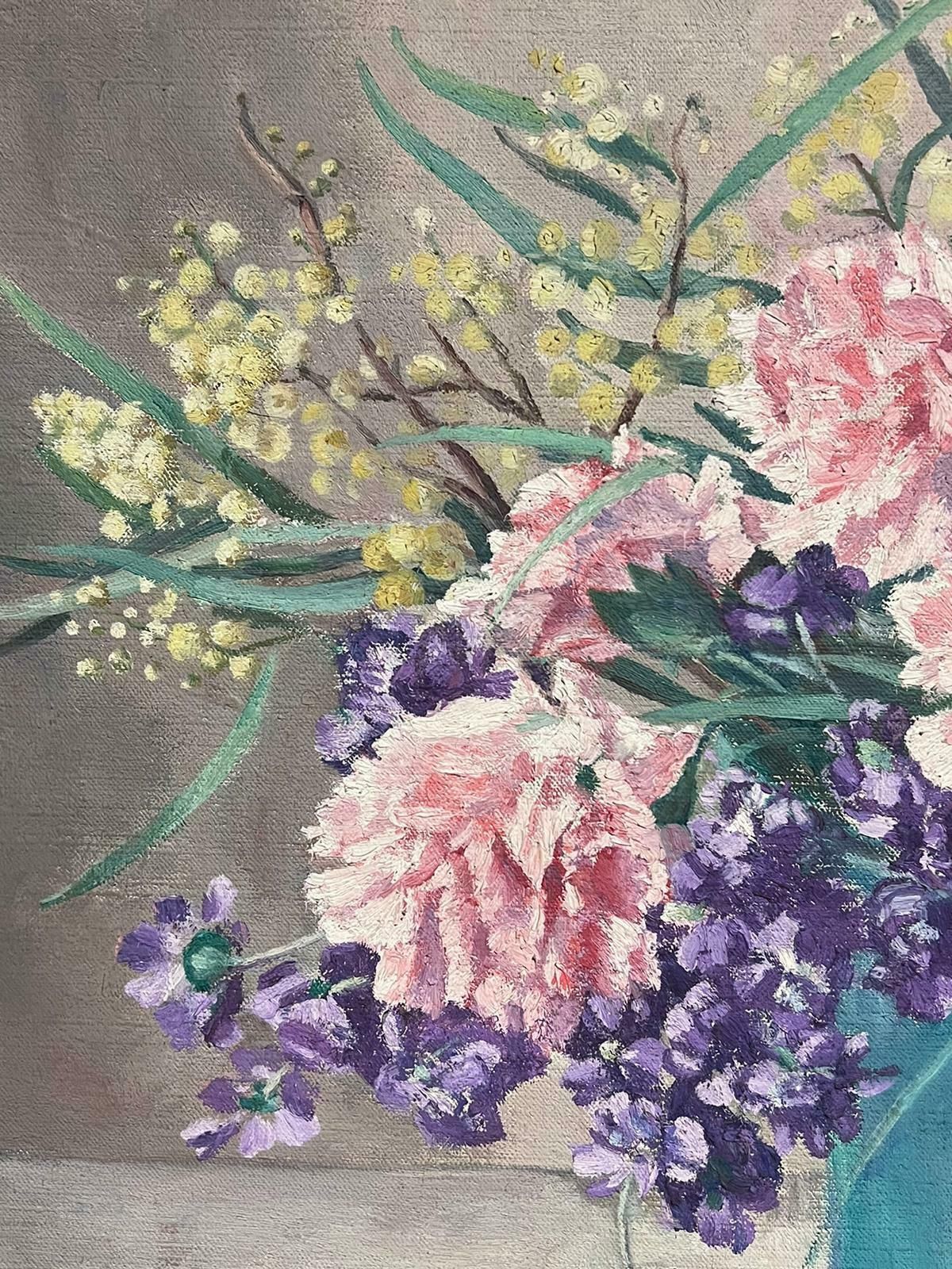 French Mid Century Pink Flowers In Blue Turquoise Vase Signed 1950's Oil On Canvas1950's photo 868.0
