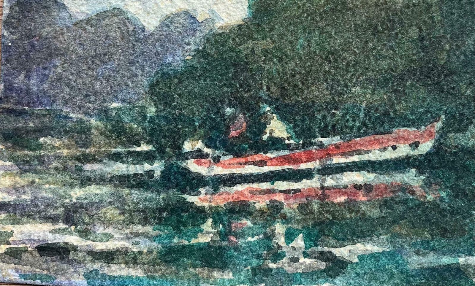 Maurice Mazeiliefrench Impressionist Watercolor Of Riverbank Scene With Red Row Boat20th Century photo Art
