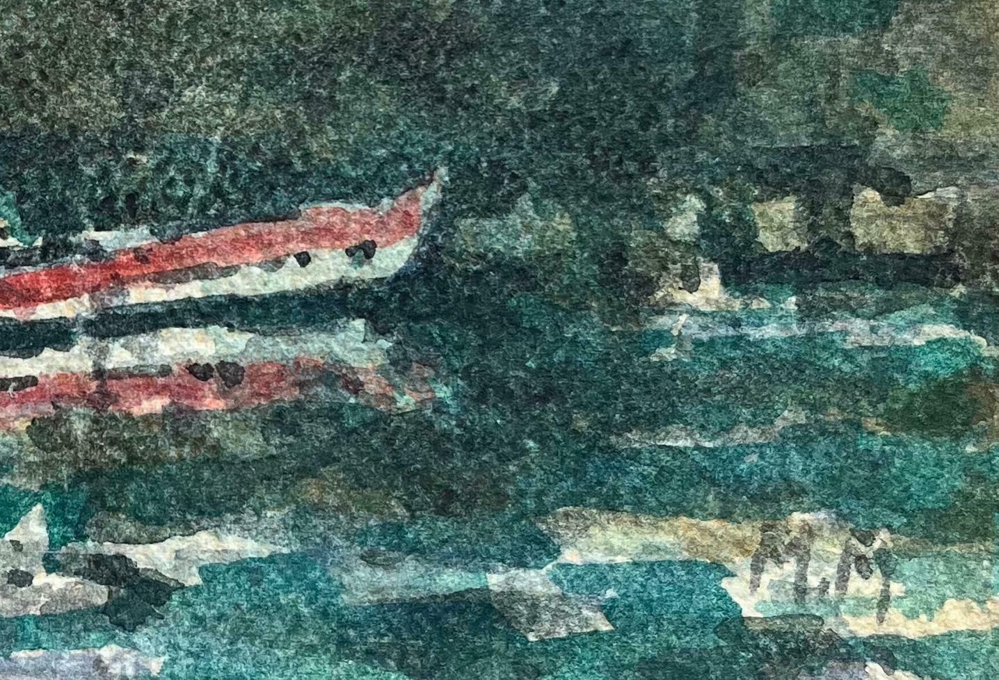 Maurice Mazeiliefrench Impressionist Watercolor Of Riverbank Scene With Red Row Boat20th Century photo 153.0