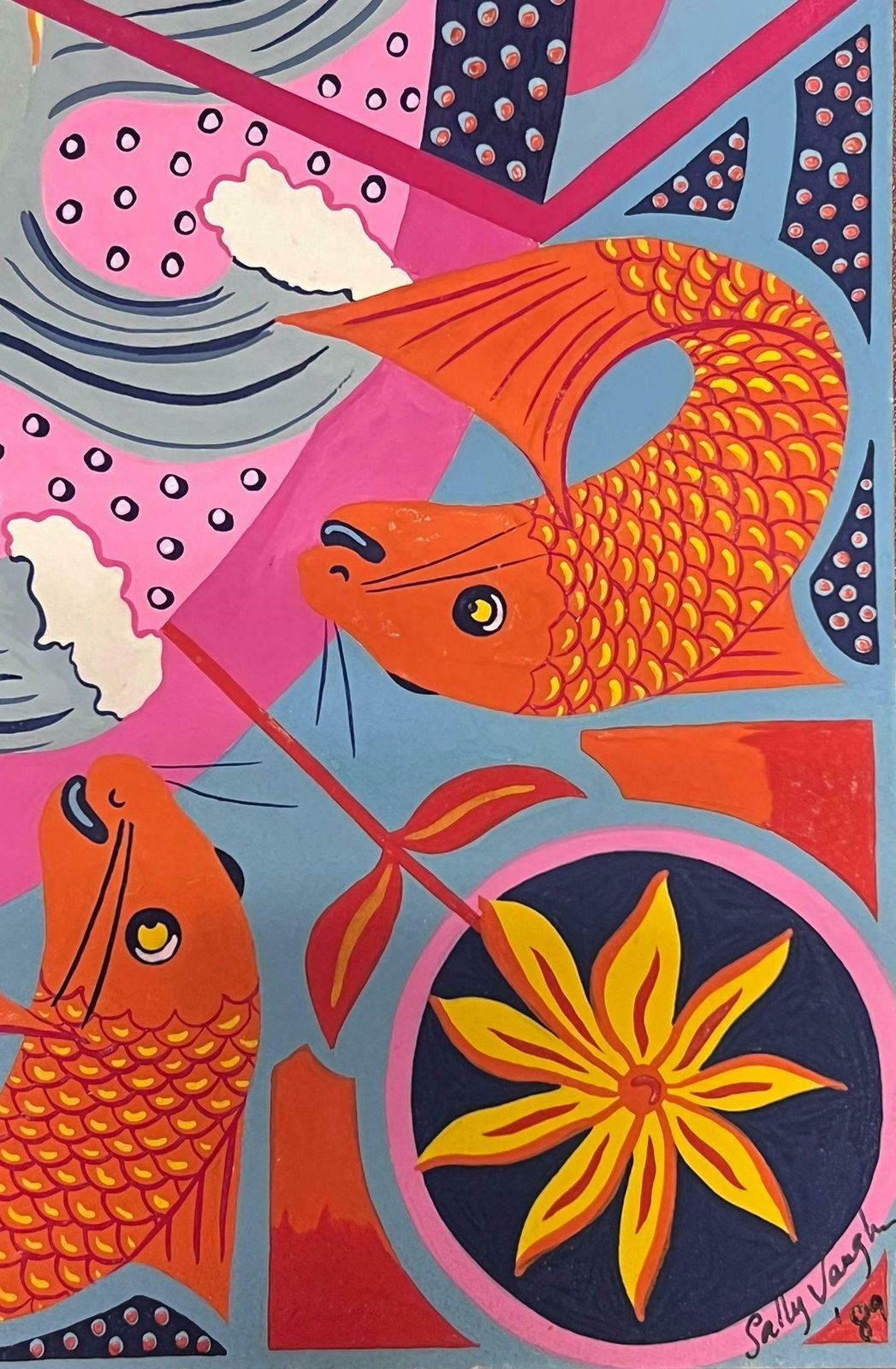 Sally Vaughancontemporary British Abstract Original Painting Gold Fish Wall Paper Design1990 photo furniture