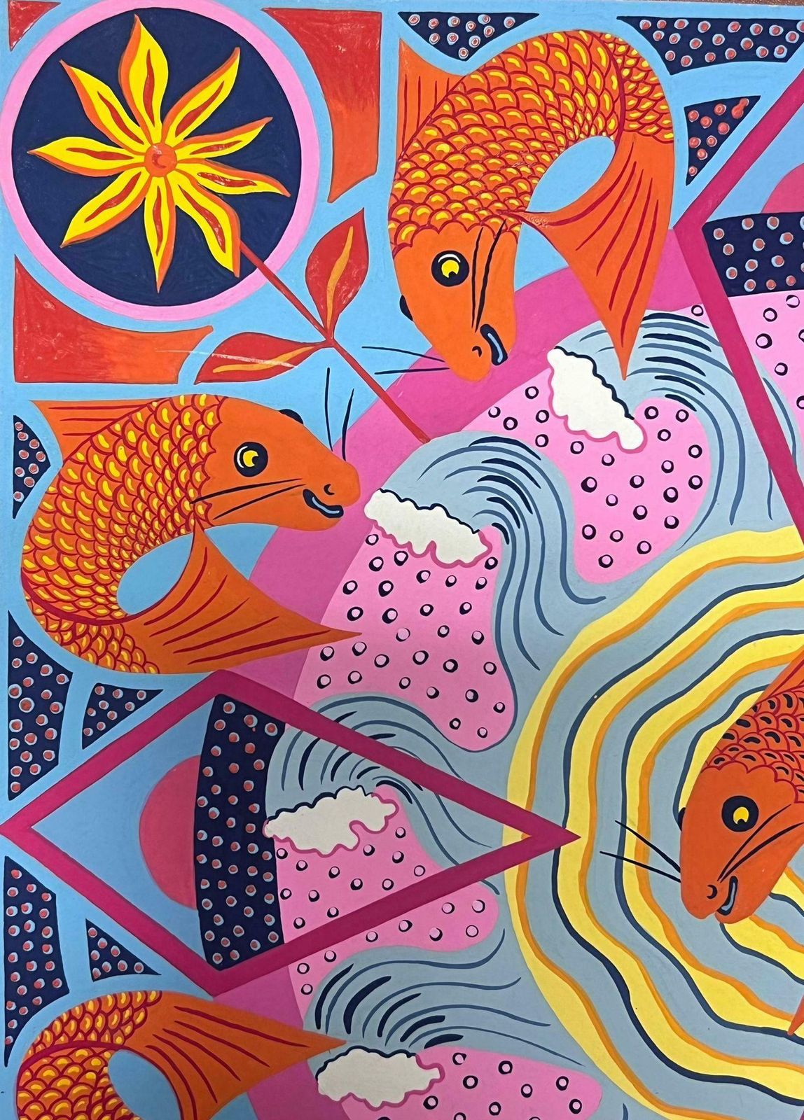 Sally Vaughancontemporary British Abstract Original Painting Gold Fish Wall Paper Design1990 photo for sale
