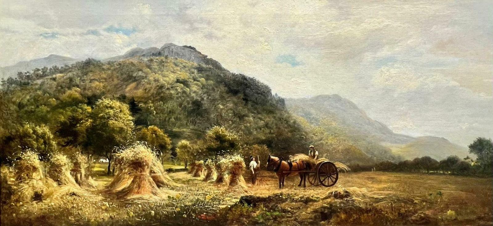 Victorian Britishvery Large Victorian Signed Oil Painting The Harvest Fields Wheatsheaves & Cart