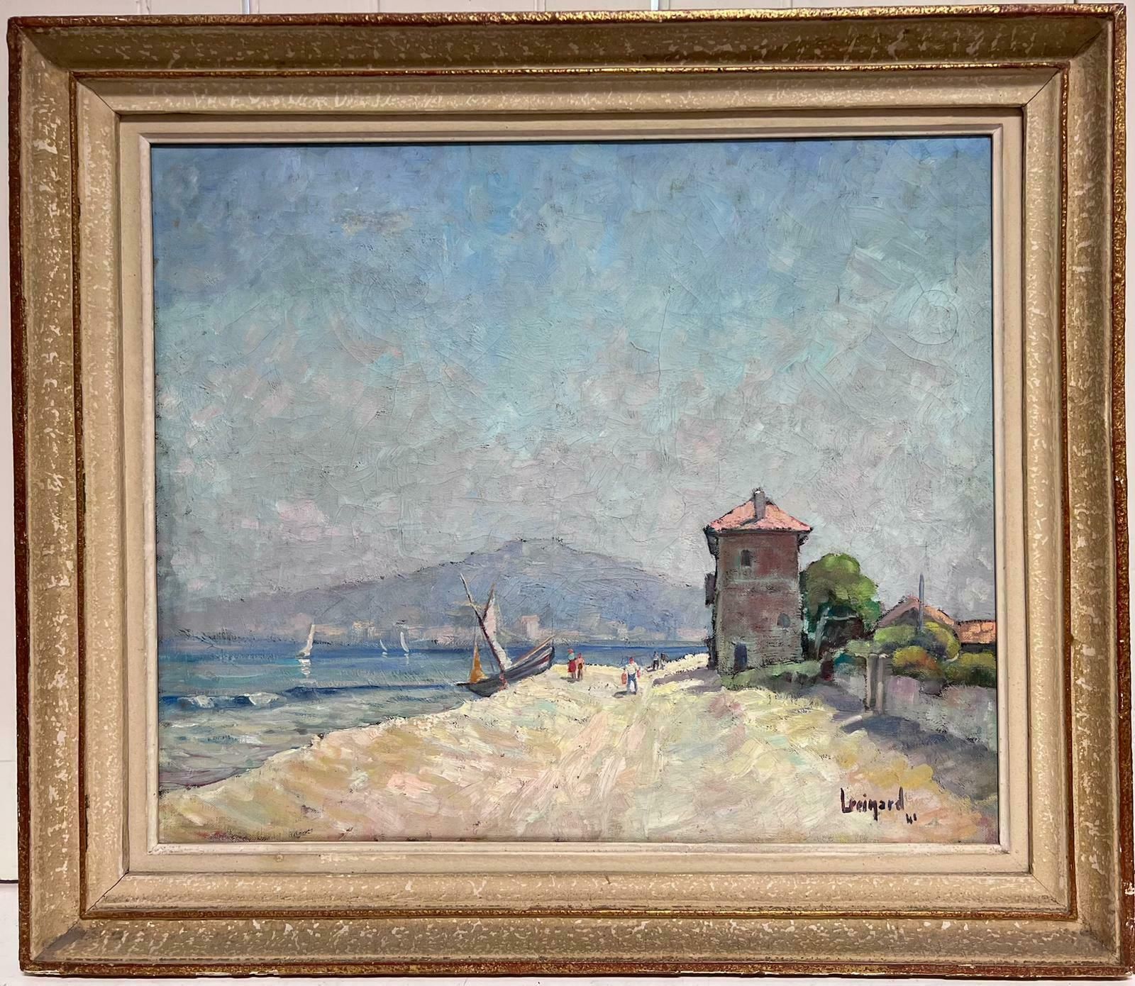 1940's French Artistsigned French Impressionist 1940's Oil Painting Boats Figures On Martigues Beach photo furniture