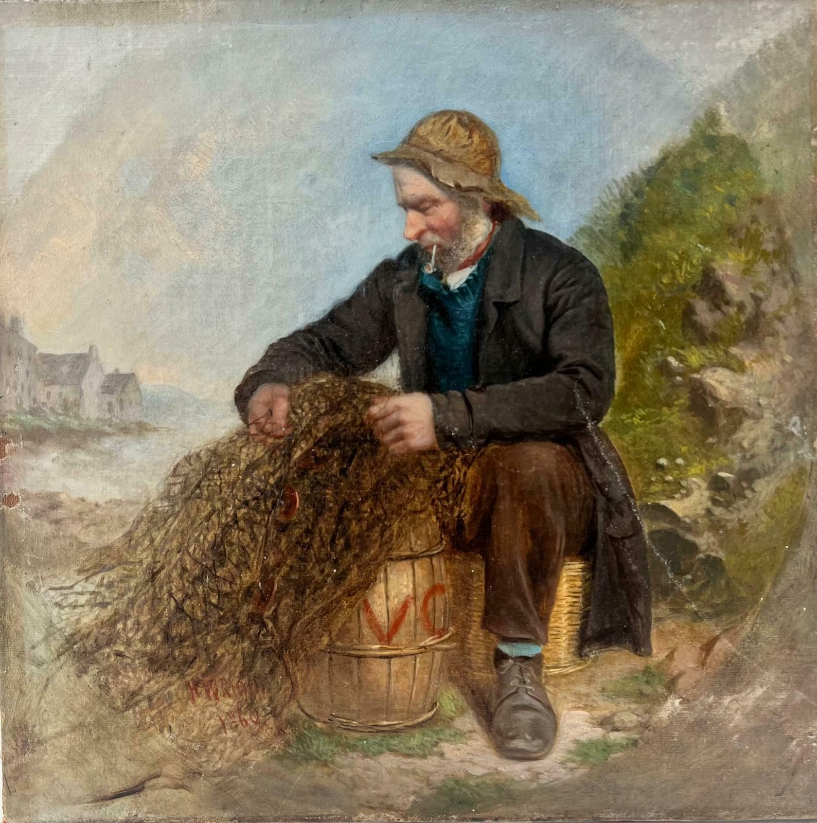H. Wrightantique English Oil Painting Cornish Fishermen Tending His Nets On The Shore