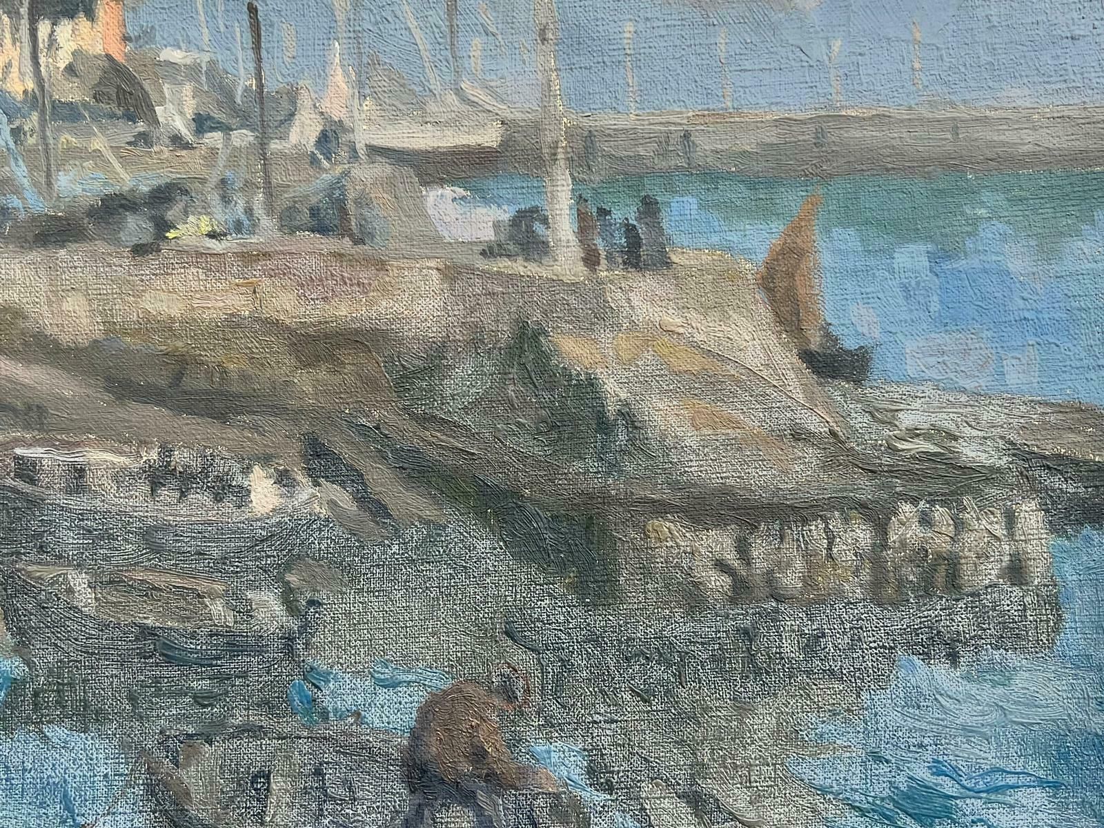 French Schoolmid Century French Signed Post Impressionist Oil Fishermen In Harbor With Boats photo furniture