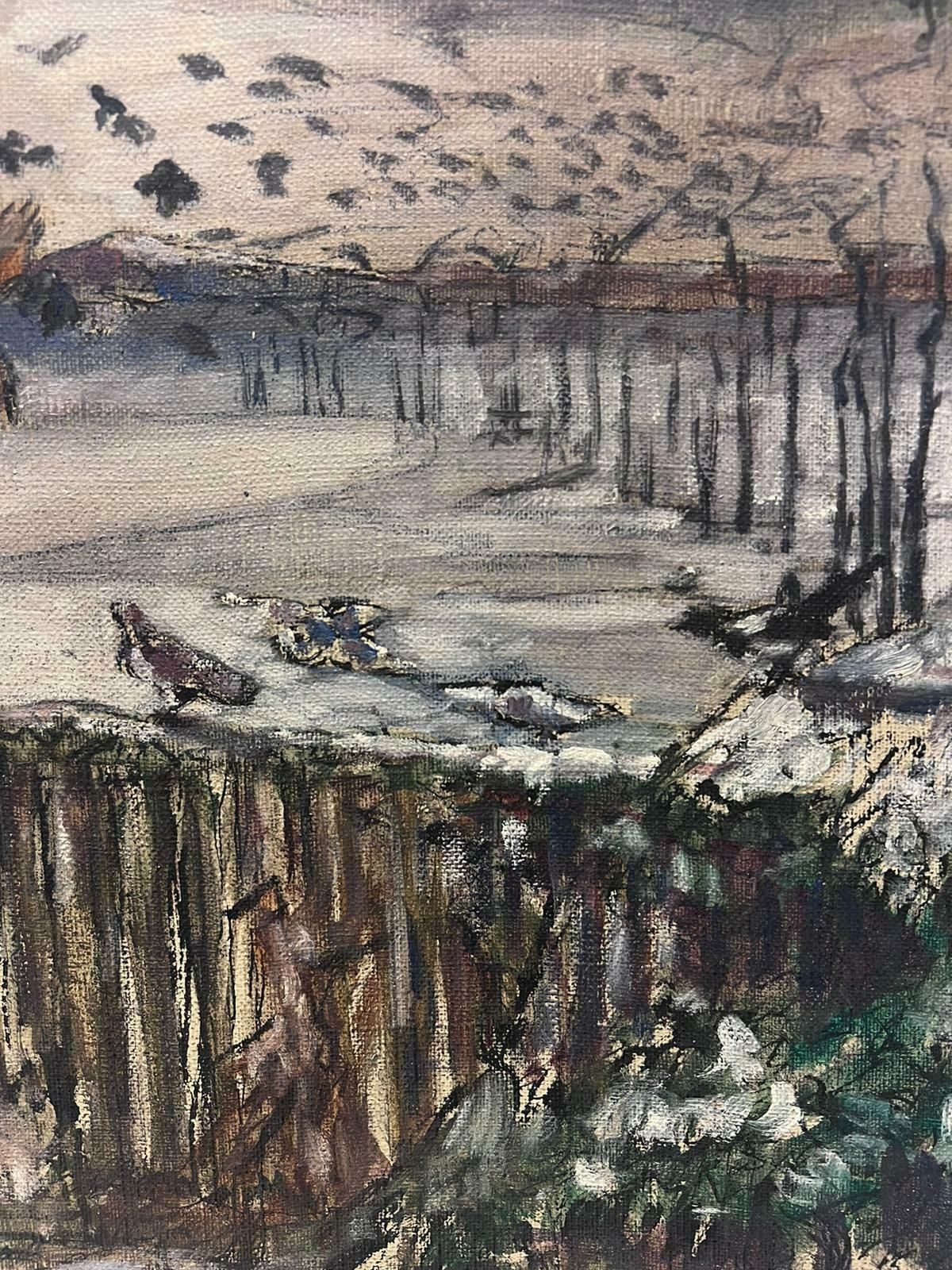 Louise Alixthe Lady Feeding The Birds In Gloomy Winter Park French Oil Painting 1940's photo for sale
