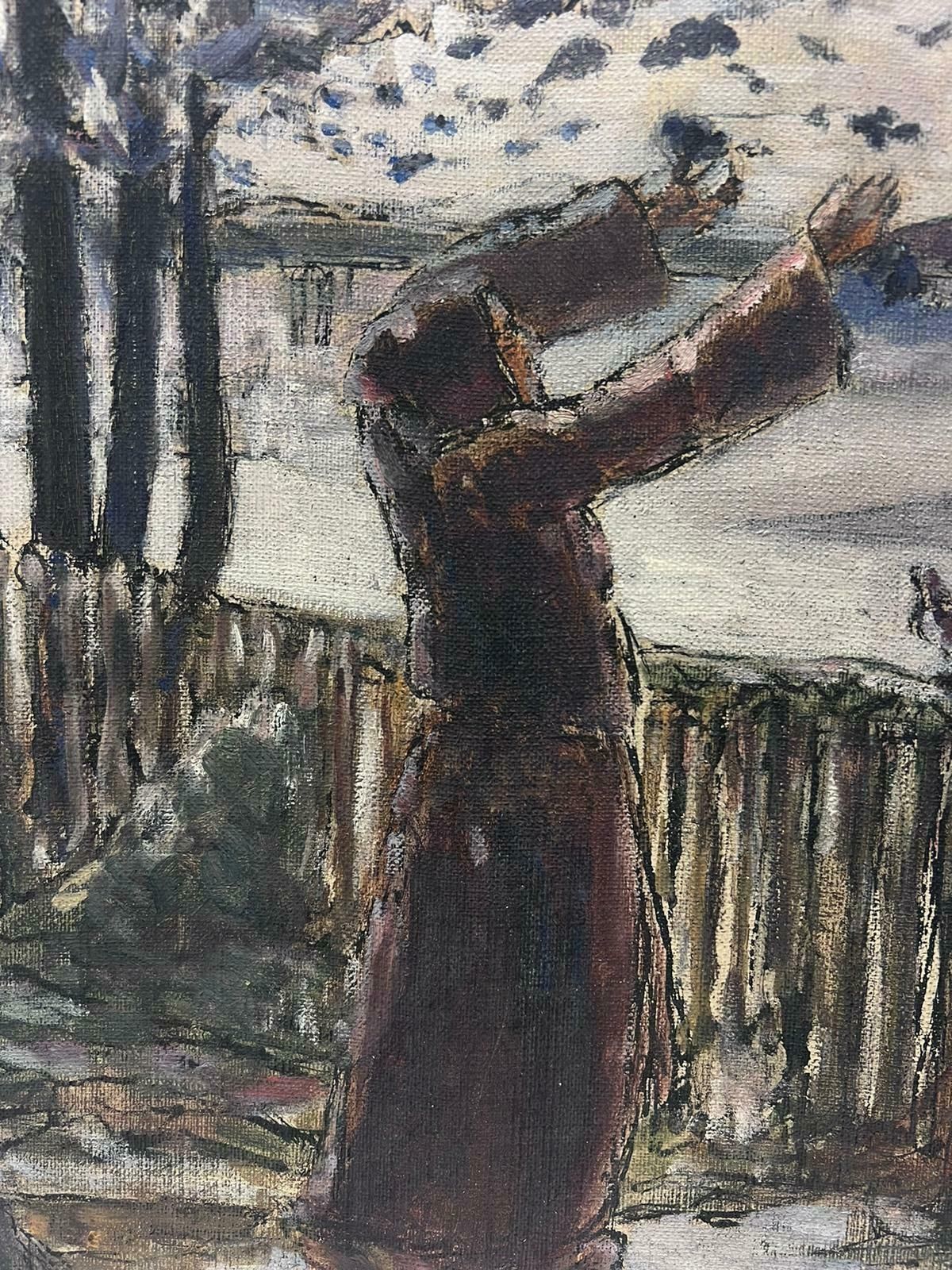 Louise Alixthe Lady Feeding The Birds In Gloomy Winter Park French Oil Painting 1940's photo Art