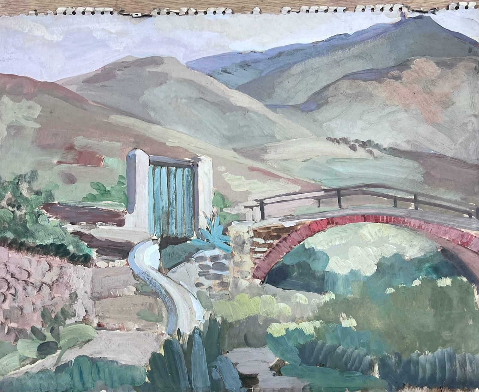 Y Blanchon1950's French Impressionist Painting Red Bridge In Green Mountain Landscape 1950's photo furniture