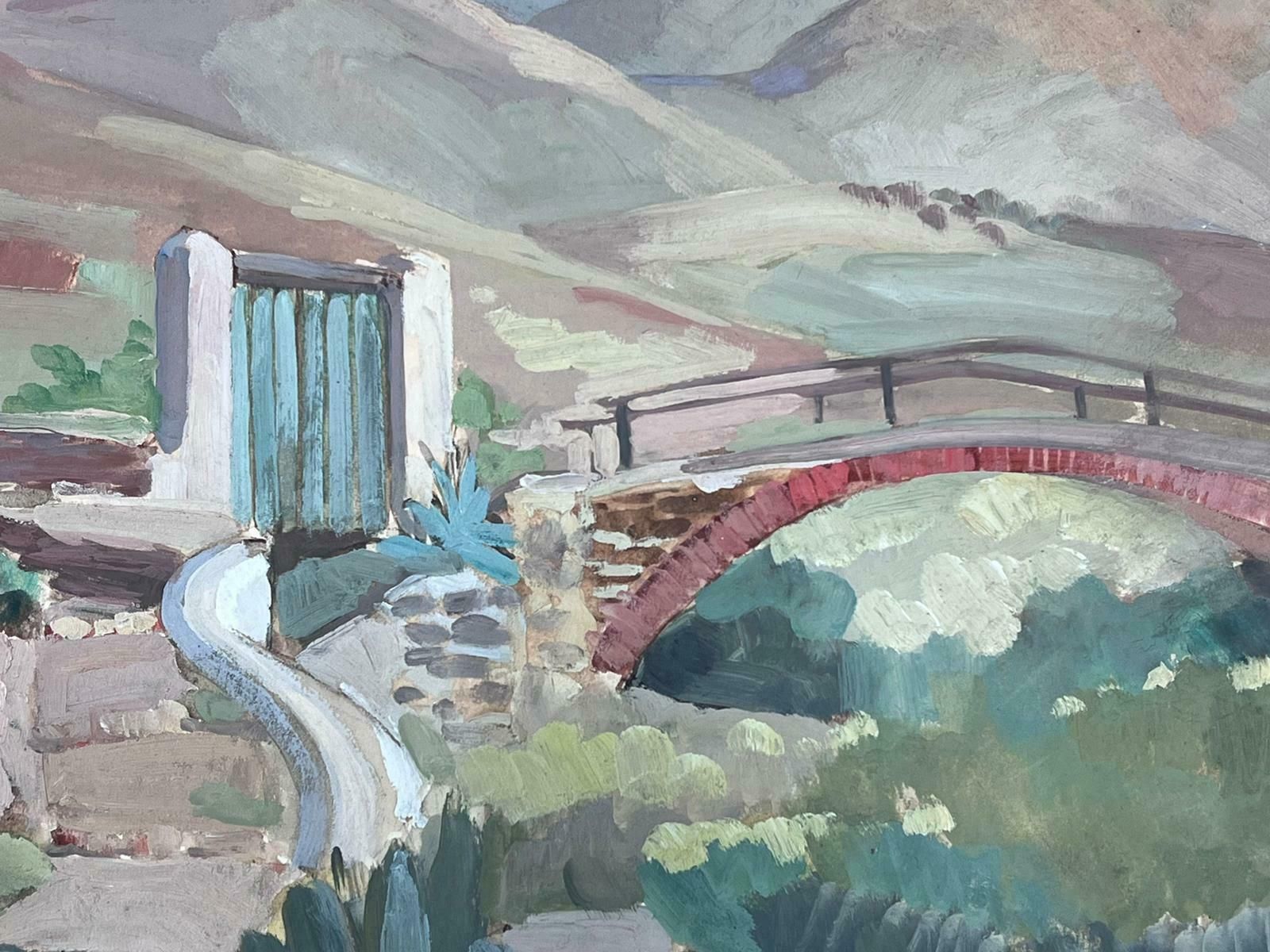 Y Blanchon1950's French Impressionist Painting Red Bridge In Green Mountain Landscape 1950's photo Art