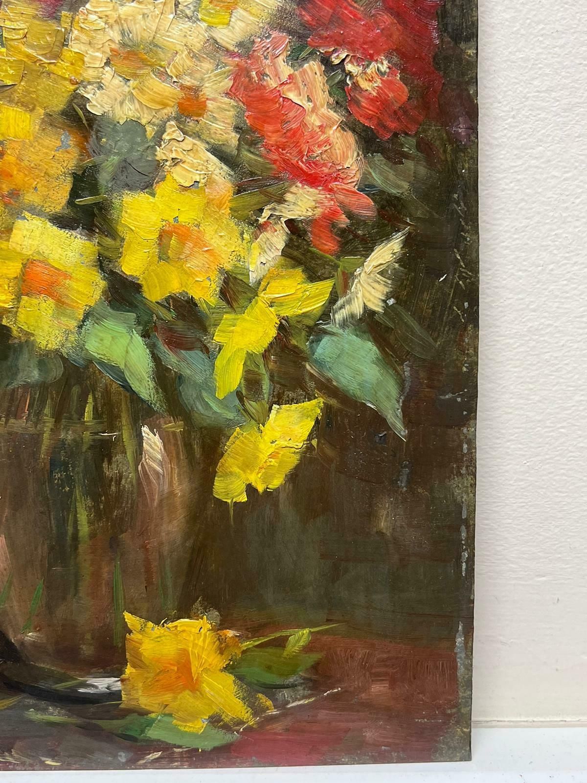 French Mid Century Red & Yellow Flowers In Vase Signed French Impressionist 1950's Oil Painting 1950's photo for sale