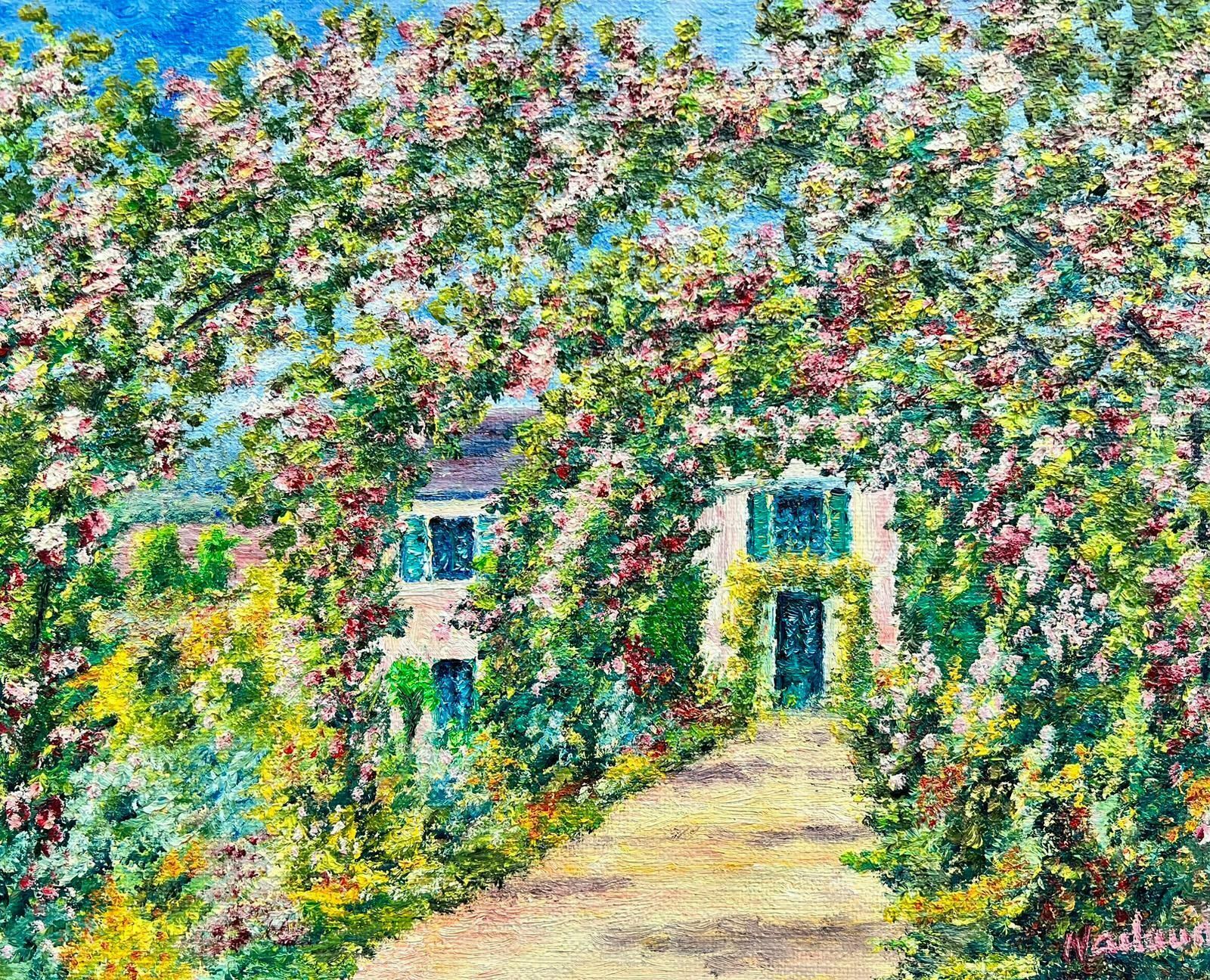 French Schoolmonet's Rose Garden Giverny Signed French Impressionist Oil Painting On Canvas photo furniture