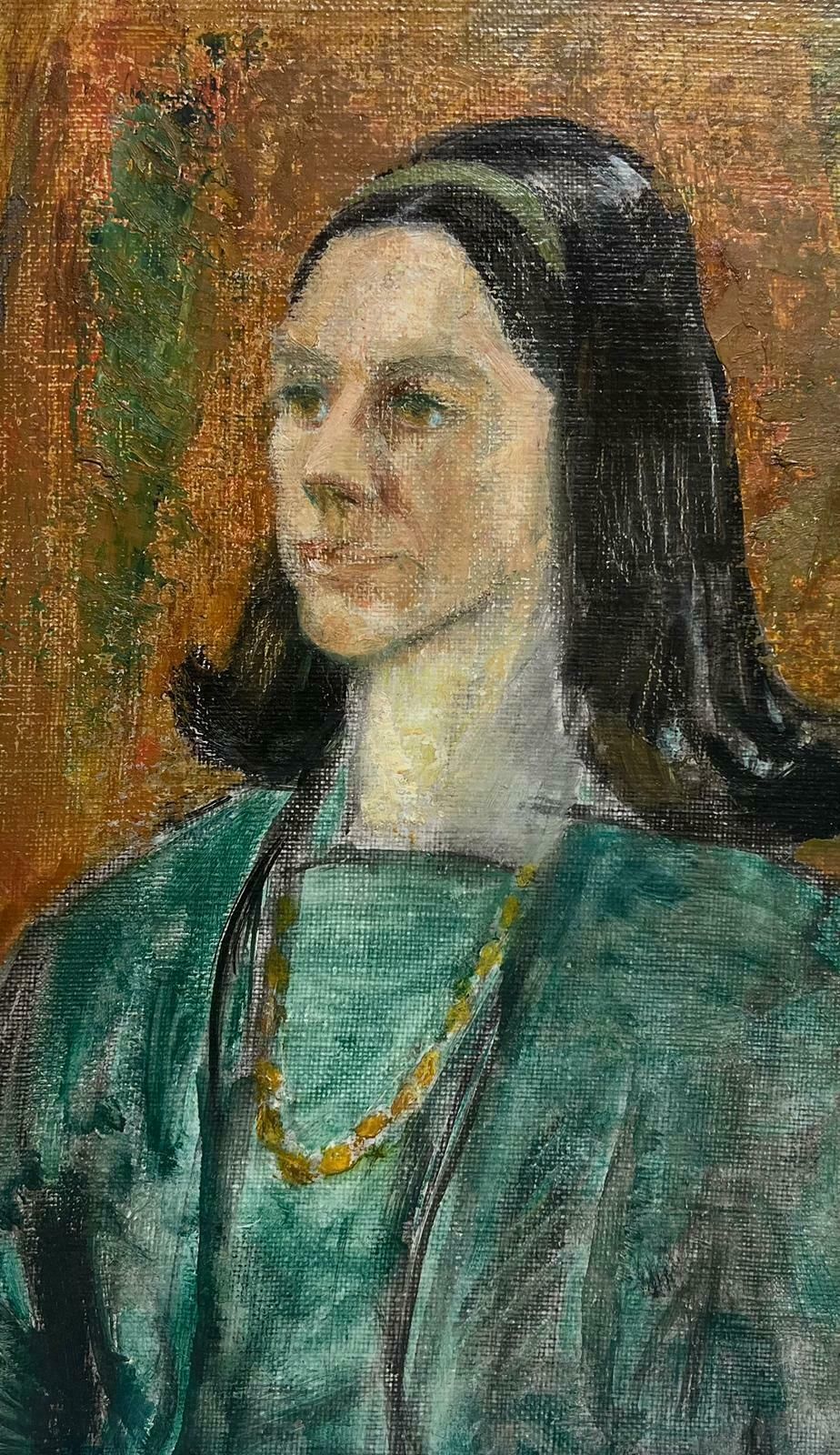 Agnes Annabel Kidston1970's British Portrait Of Lady In Green Jacket Long Brown Hair, Oil Painting1970