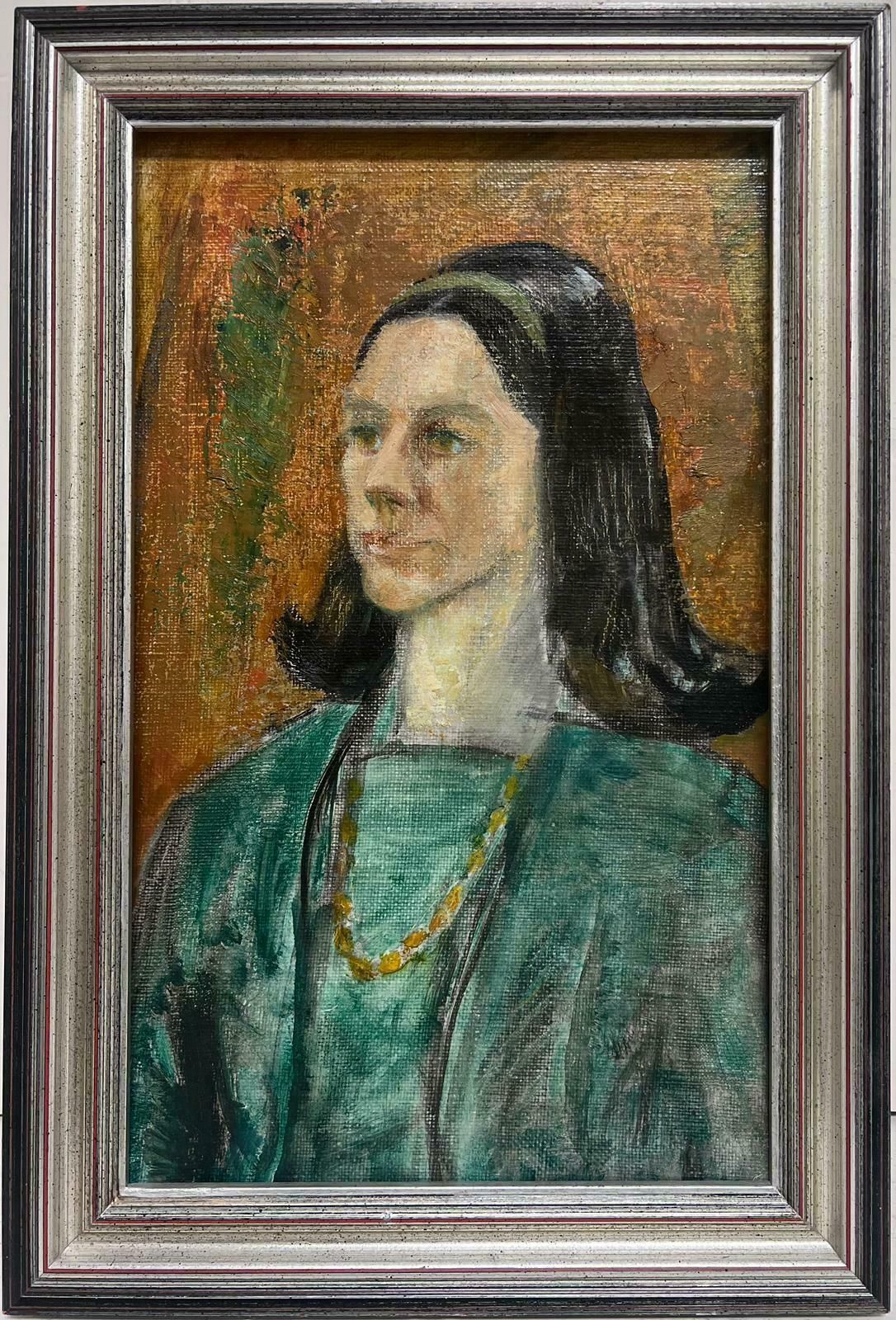 Agnes Annabel Kidston1970's British Portrait Of Lady In Green Jacket Long Brown Hair, Oil Painting1970 photo furniture