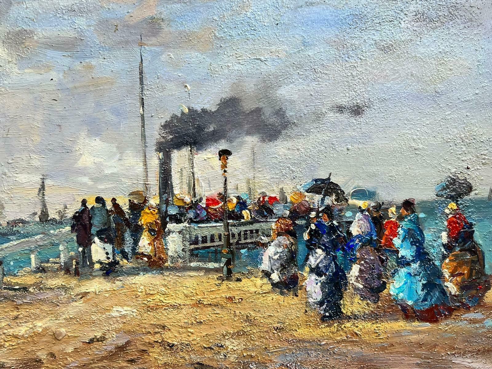 French Schoolfrench Impressionist Oil Painting Busy Beach Scene With Figures Boarding Ferry photo for sale