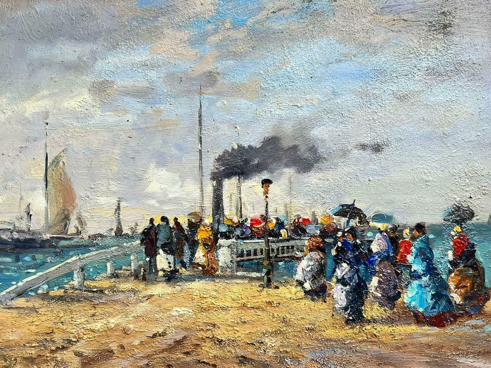 French Schoolfrench Impressionist Oil Painting Busy Beach Scene With Figures Boarding Ferry photo 1022.0