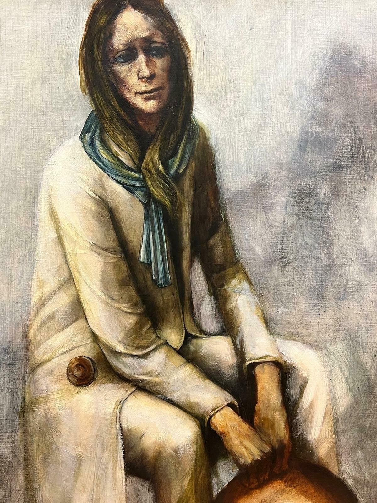Pierre La Fillelarge Belgian Modernist Signed Oil Portrait Of Sorrowful Lady In Blue Scarf photo for sale