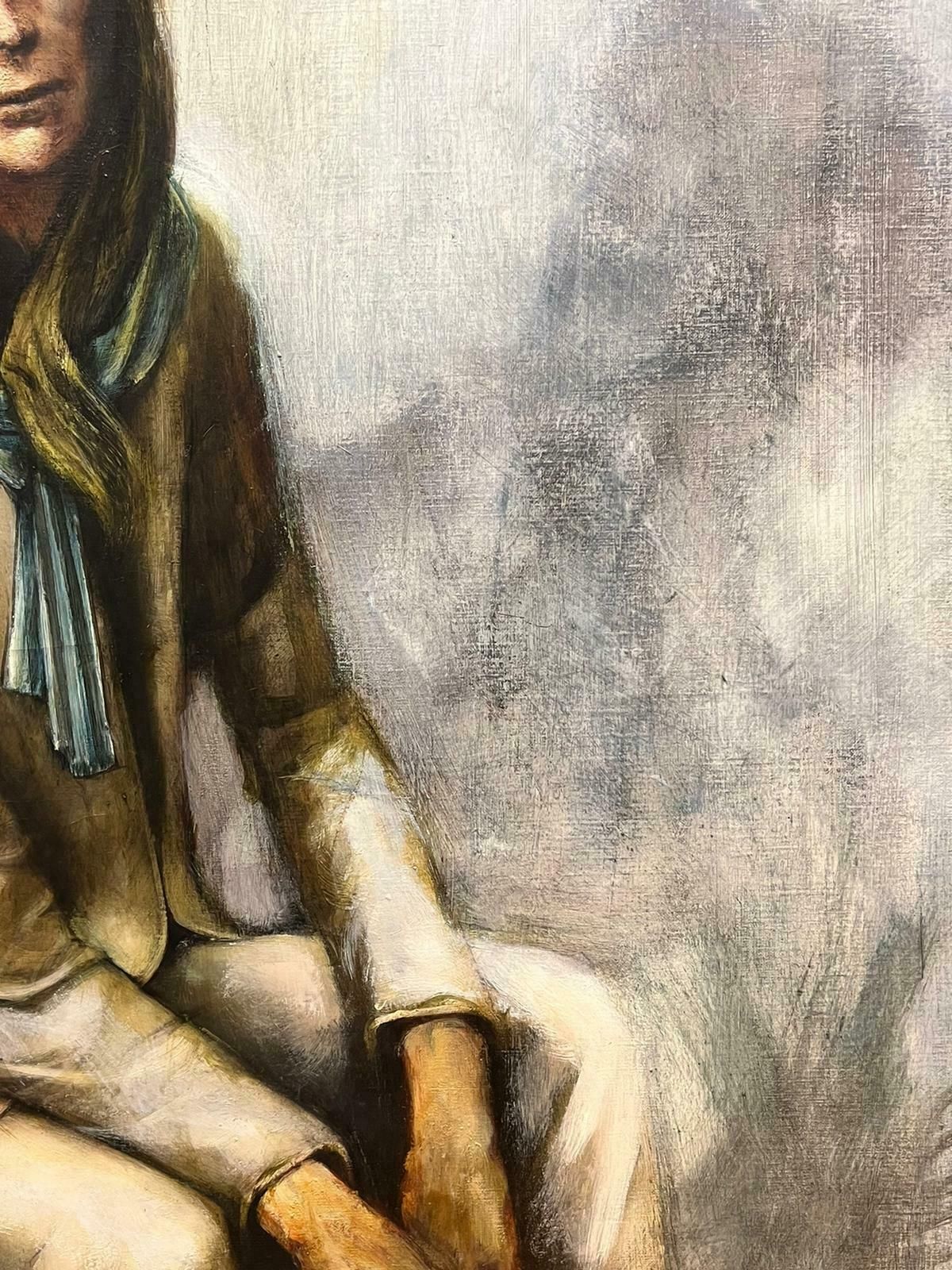 photo for sale Pierre La Fillelarge Belgian Modernist Signed Oil Portrait Of Sorrowful Lady In Blue Scarf