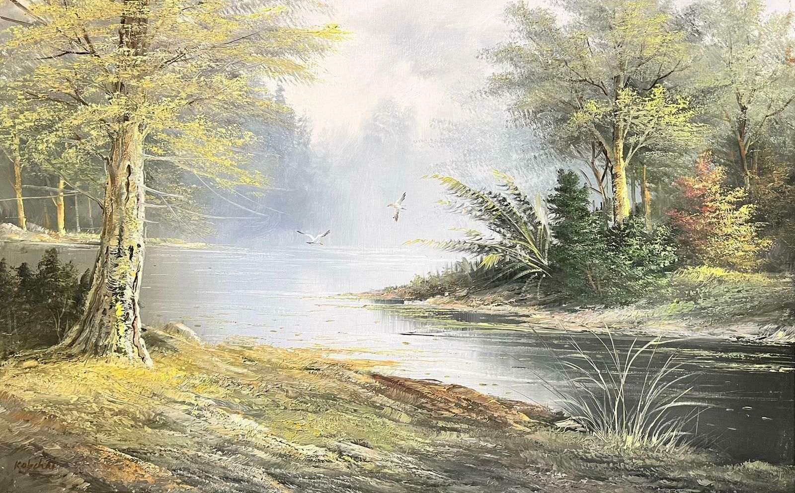 European Artistlarge Traditional Signed Oil Painting Gilt Swept Frame River Woodlands Birds photo furniture