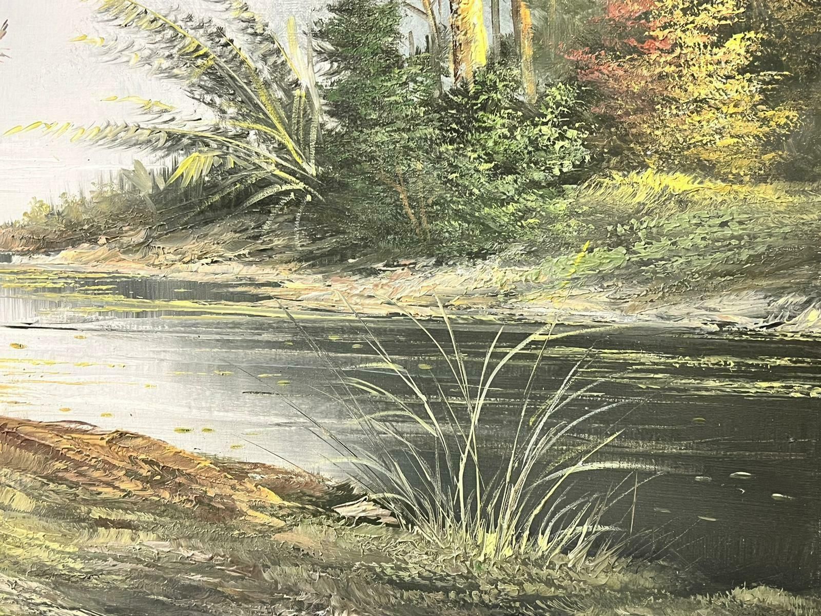 European Artistlarge Traditional Signed Oil Painting Gilt Swept Frame River Woodlands Birds photo for sale