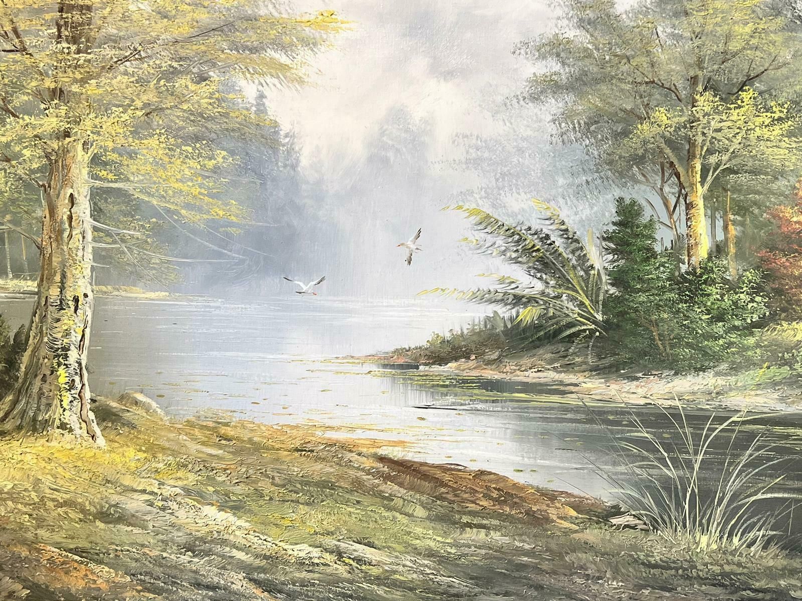 European Artistlarge Traditional Signed Oil Painting Gilt Swept Frame River Woodlands Birds photo vinterior