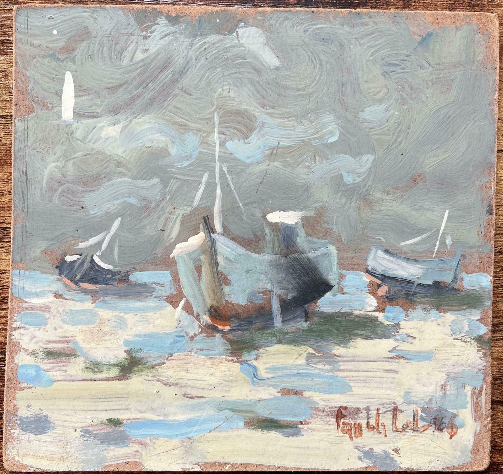Fanch Lelfrench Impressionist Oil Painting Of A Coastal Scene With Boats At Low Tide1996 photo furniture