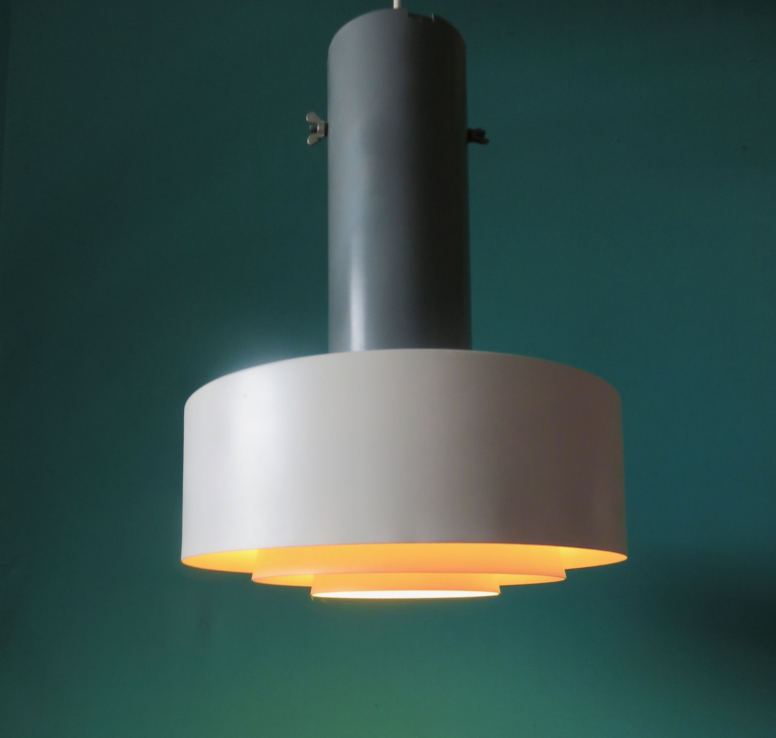 Large Industrial Pendant Light In Anthracite And White Lacquered Metal. Denmark 1960