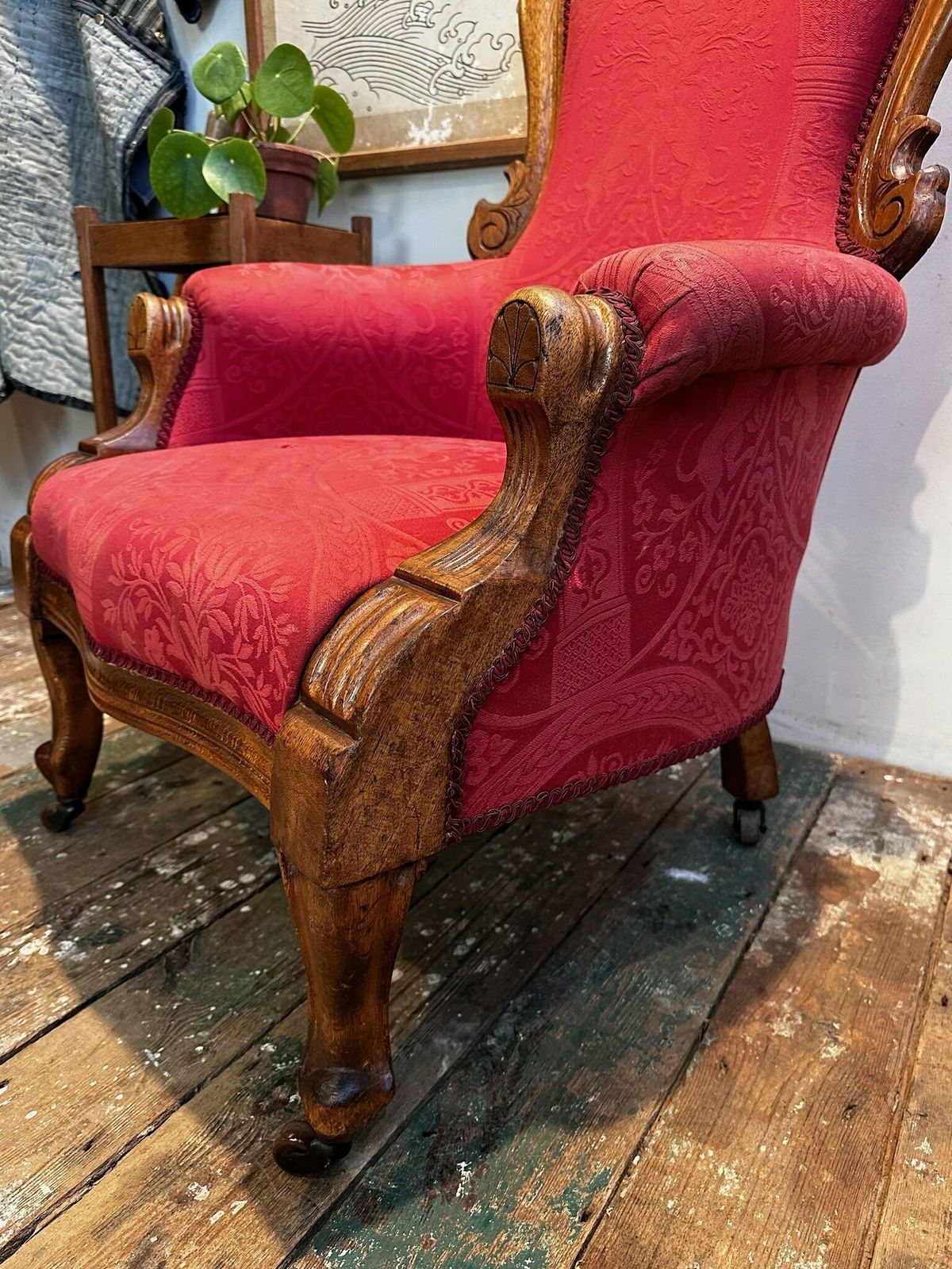 Antique English Oak Show Wood Upholstered Armchair C.1910 photo vintage
