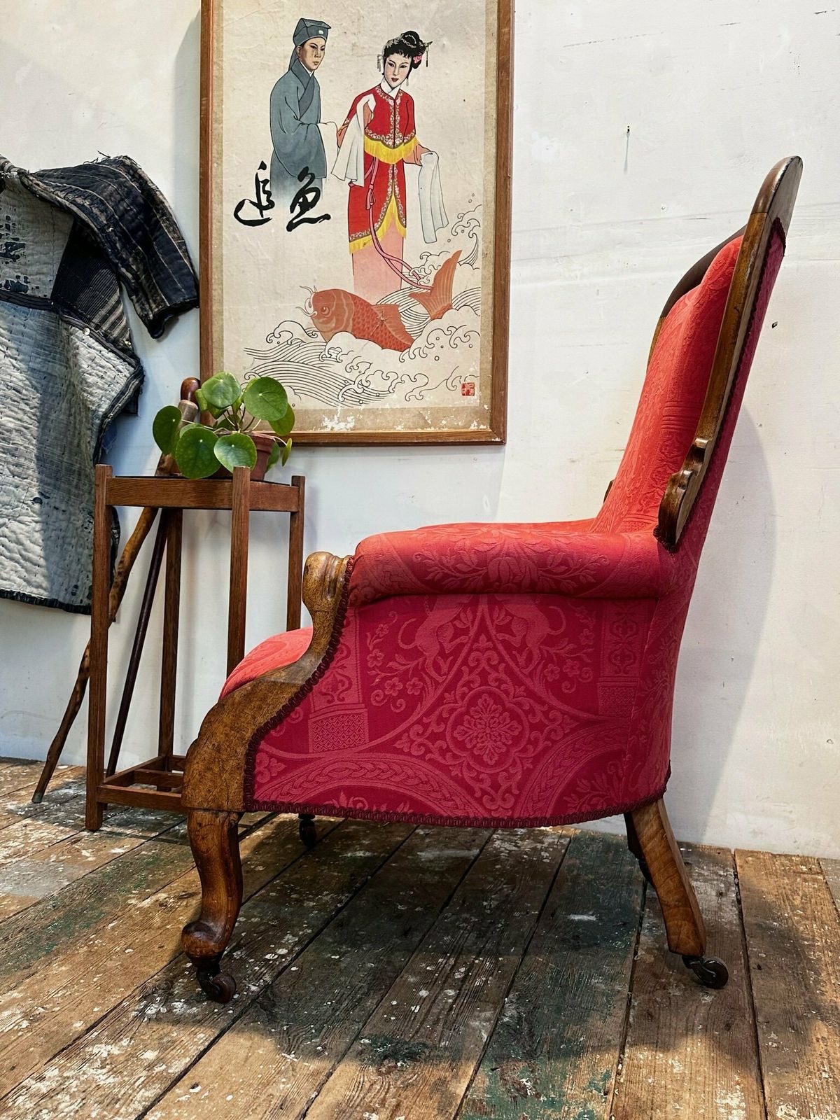 photo furniture Antique English Oak Show Wood Upholstered Armchair C.1910