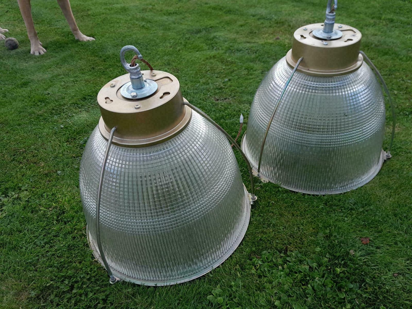 Pair Of Industrial Factory Holophane Down Light Glass Ceiling Shades photo furniture