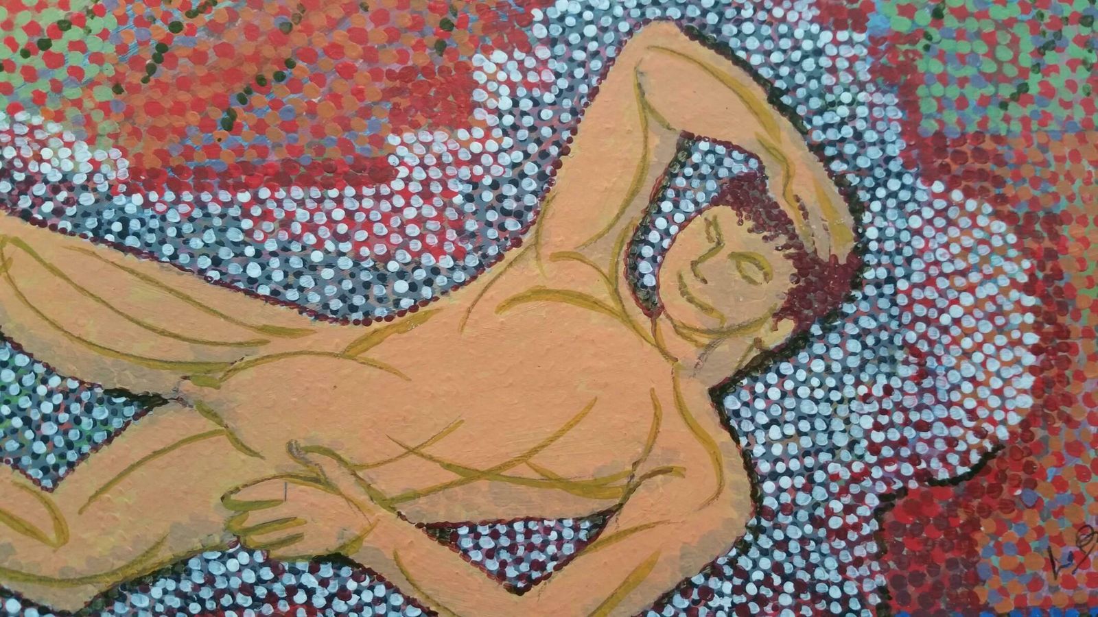 Louis Bellon French Pointillist Reclining Male Nude Mid 20th Century Painting C. 1950s photo for sale