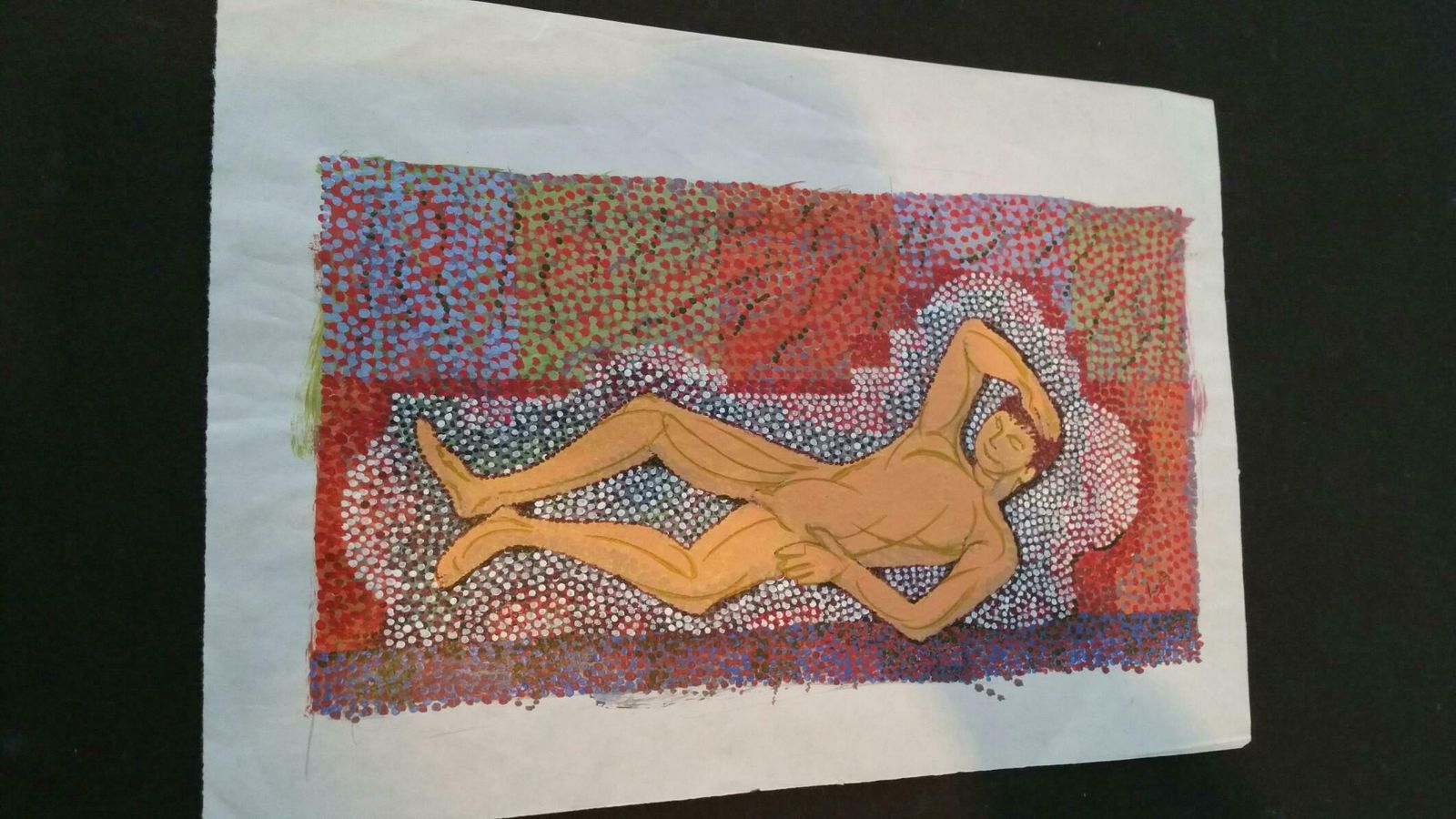 Louis Bellon French Pointillist Reclining Male Nude Mid 20th Century Painting C. 1950s photo vinterior
