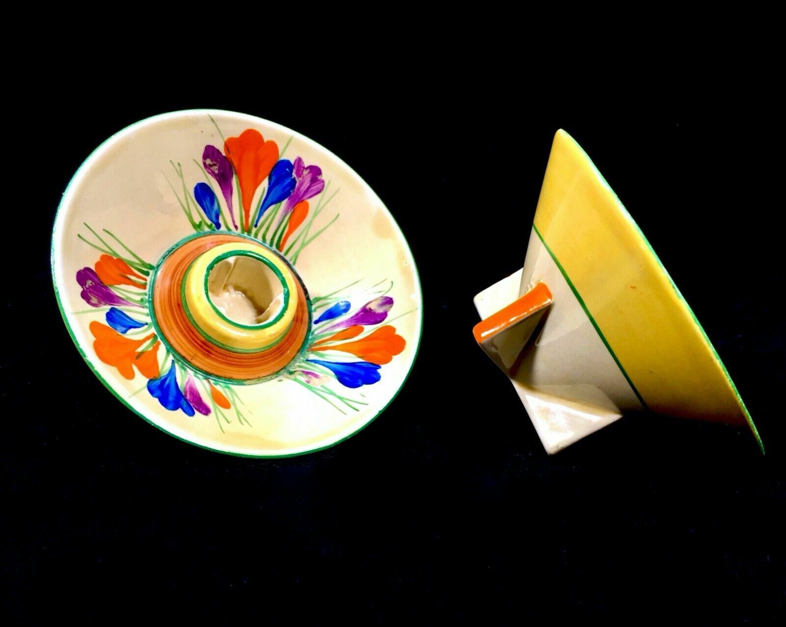 Antique Clarice Cliff Autumn Crocus Shape 384 Candle Stick Pair Pottery Bizarre photo vinterior