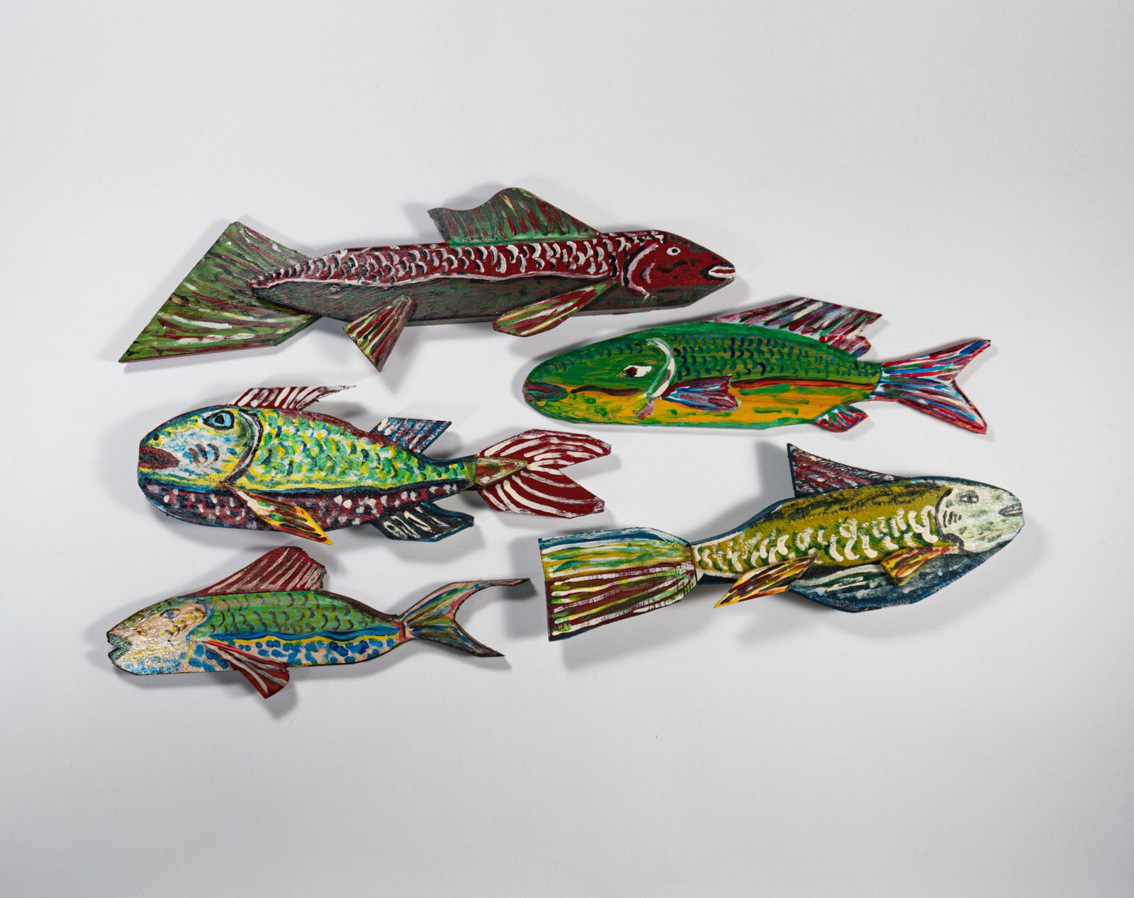 Set Of 5 Large Painted Wooden Wall Hanging Fish Hand Made British Folk Art