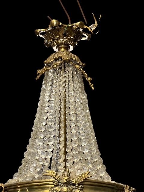 French Brass And Crystal 16 Light Tent And Waterfall Antique Chandelier photo for sale