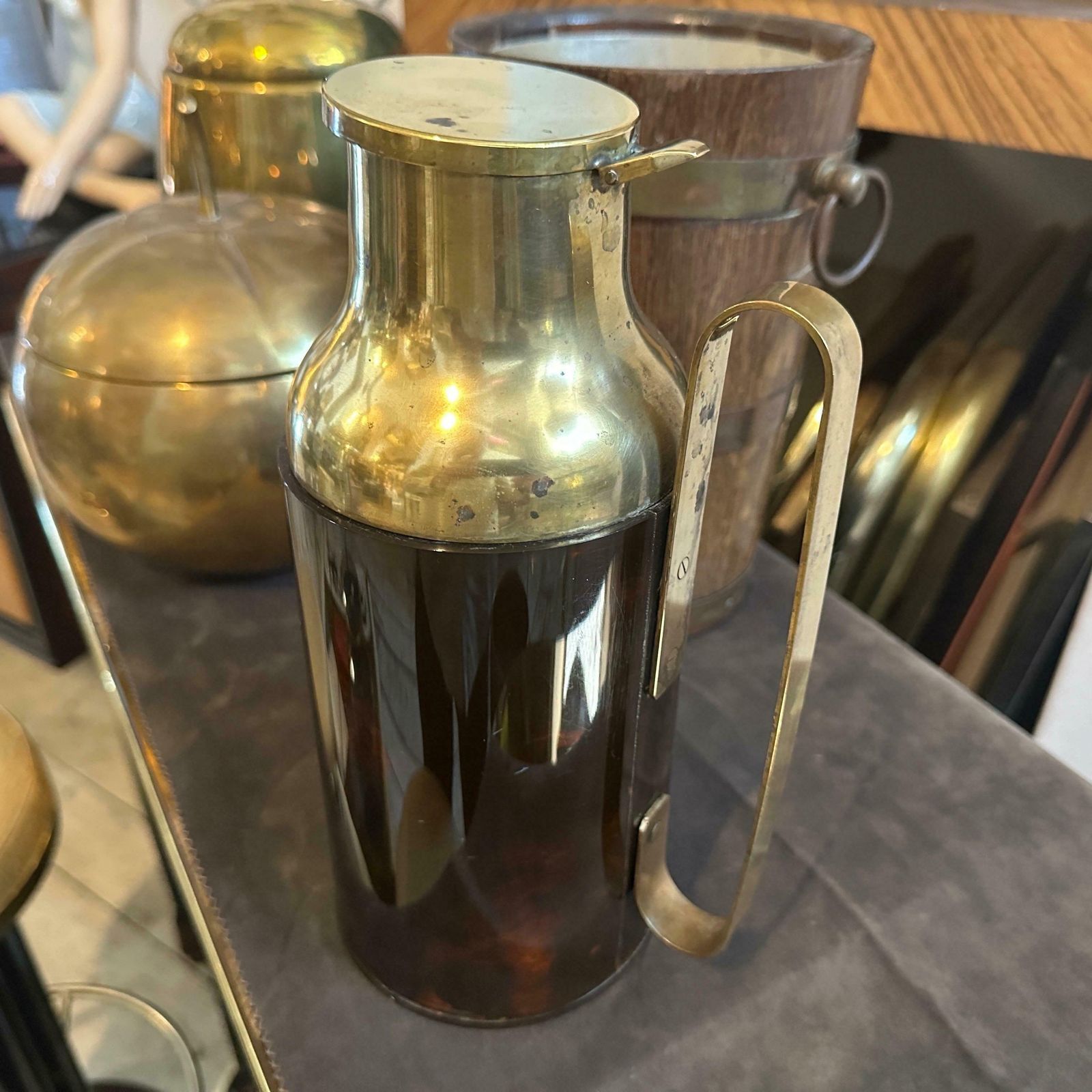 1950s Mid Century Modern Fake Tortoise Shell Bakelite And Brass Thermos Carafe photo for sale