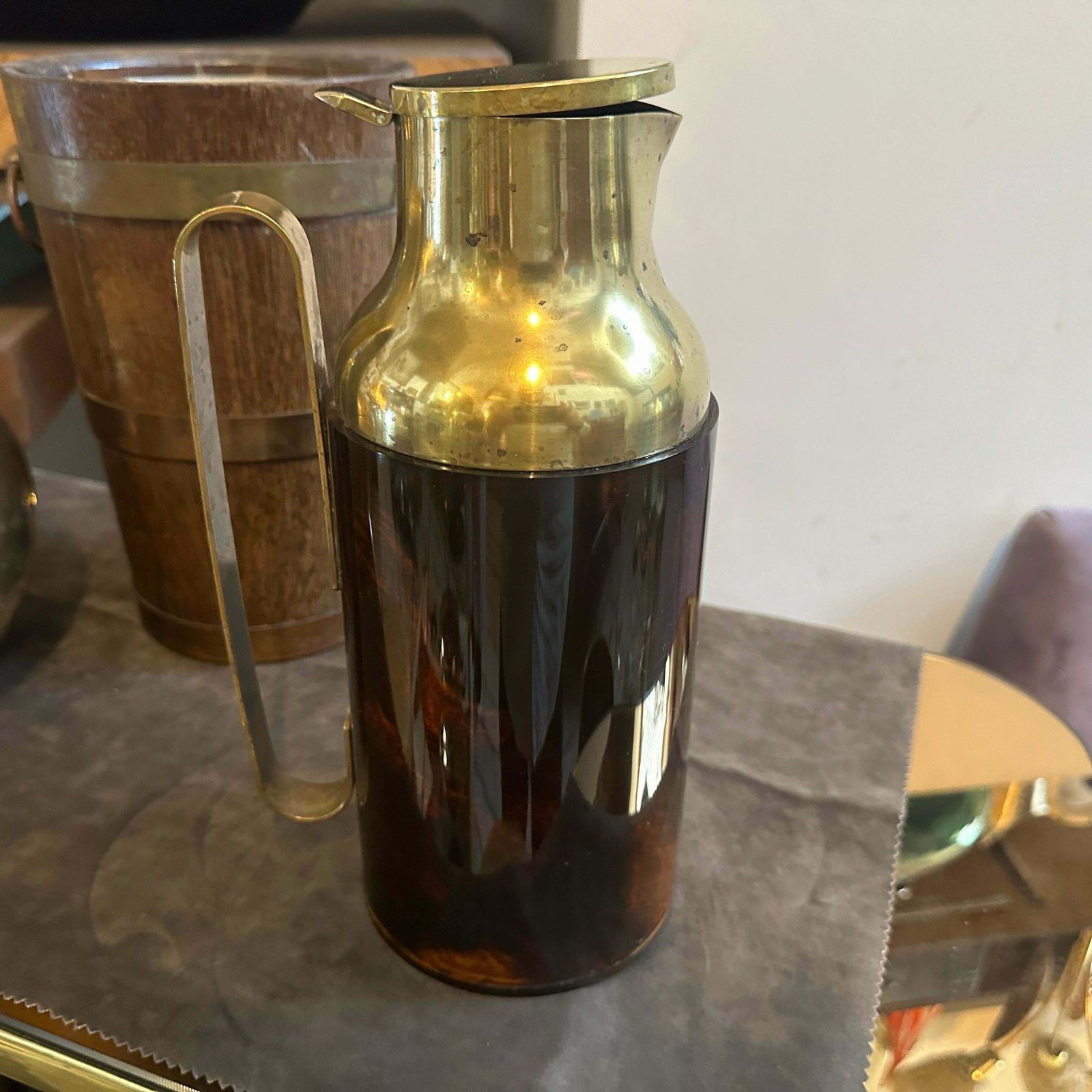 1950s Mid Century Modern Fake Tortoise Shell Bakelite And Brass Thermos Carafe photo vintage