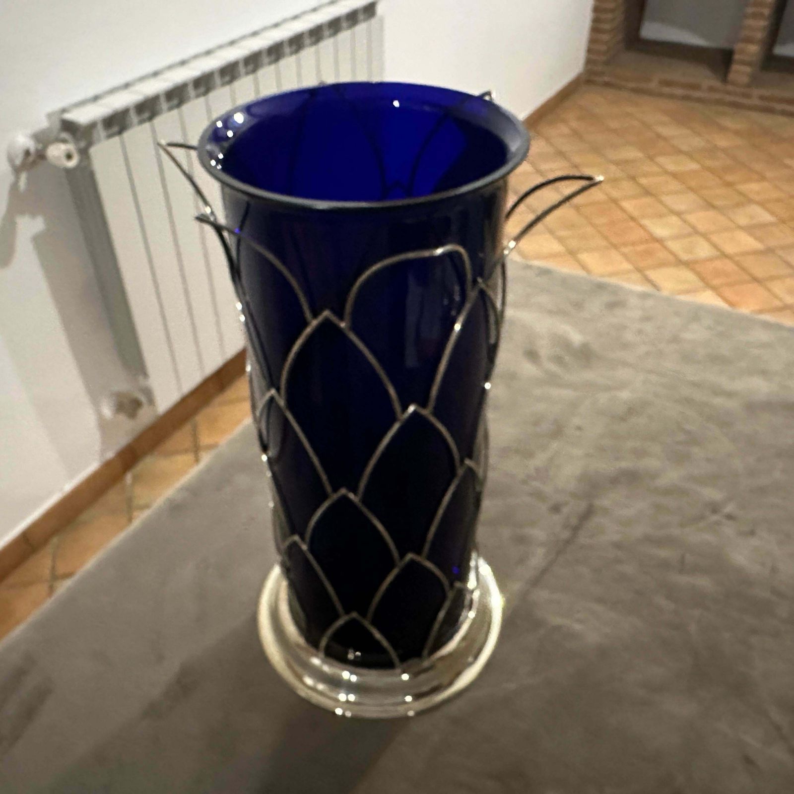 1980s Modernist Sterling Silver And Blue Murano Glass Vase By Cleto Munari photo vinterior
