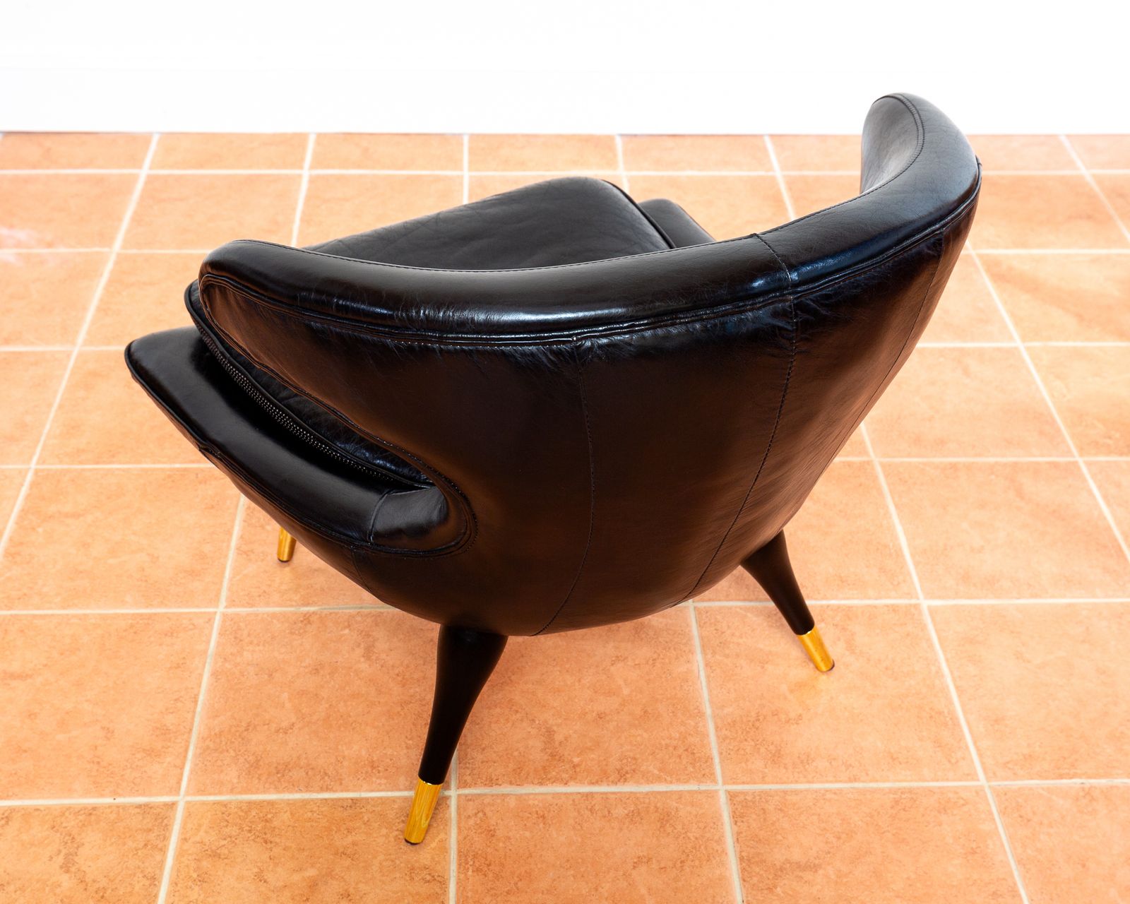 photo for sale Italian Black Leather Statement Lounge Chair Mid Century Modernist Space Age Karpen Style Horn Chair Mcm Gold Brass