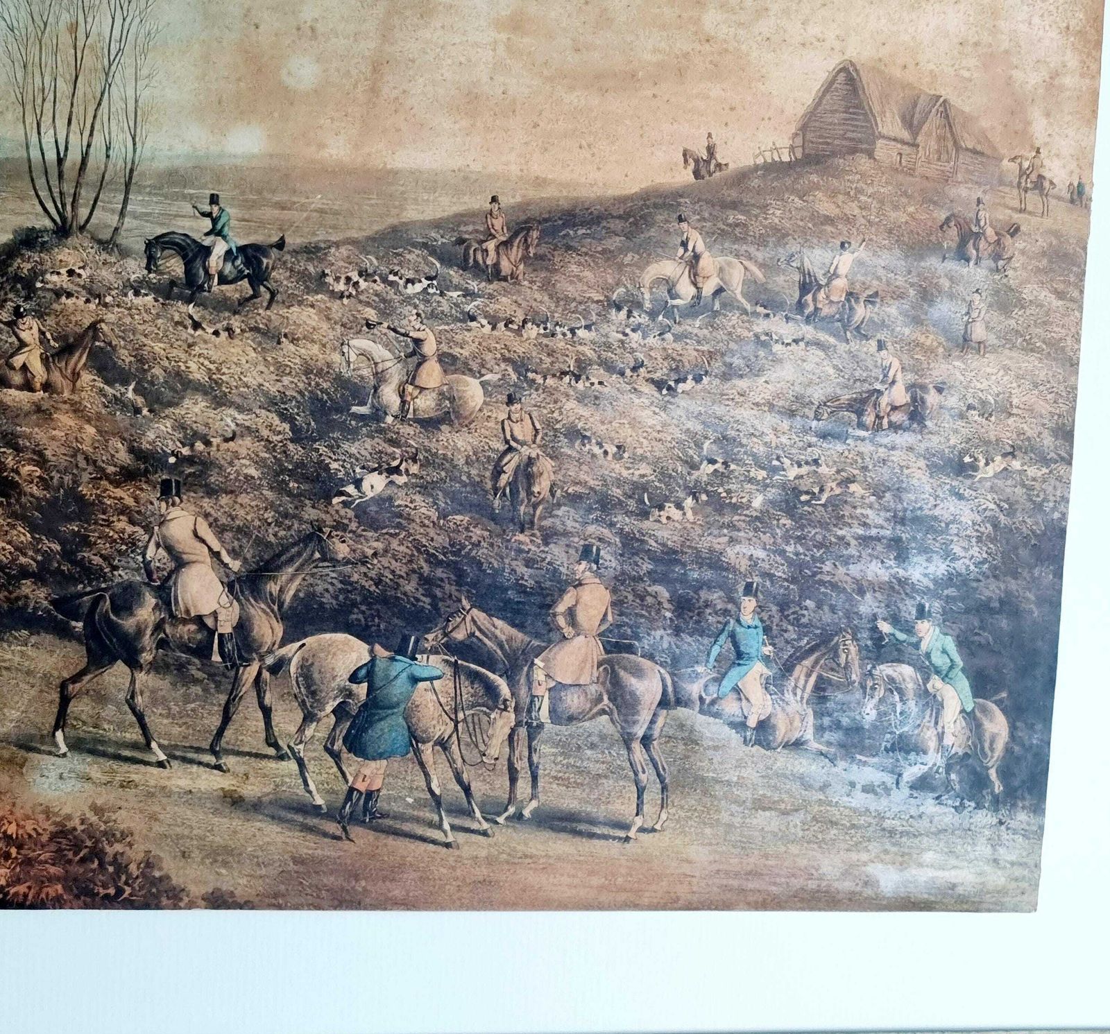 Large Original Antique Coloured Engraving Depicting Hare Hunting photo vinterior