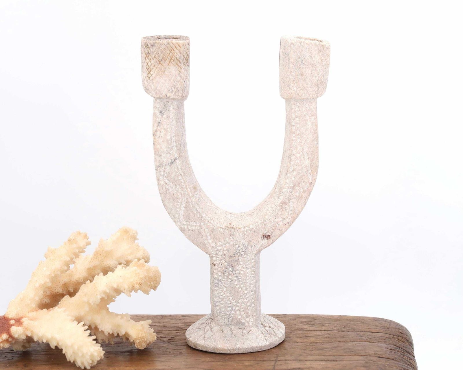 Moroccan Candleholder, Carved Stone With Scarified Decor, 1970s / Candle Holder, Boho Chic, Candlestick, Folk, Morocco, Sculpture, Totem photo for sale